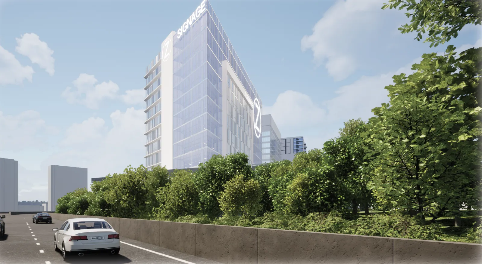 a road with cars and trees by a large building