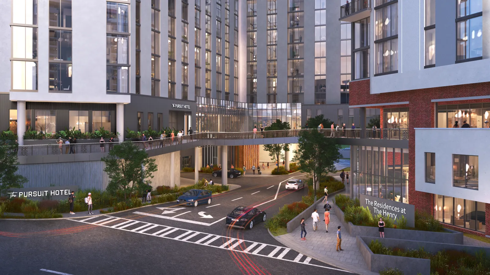 Modern mixed-use development with Pursuit Hotel, residences, elevated walkway, and people in urban setting at dusk.