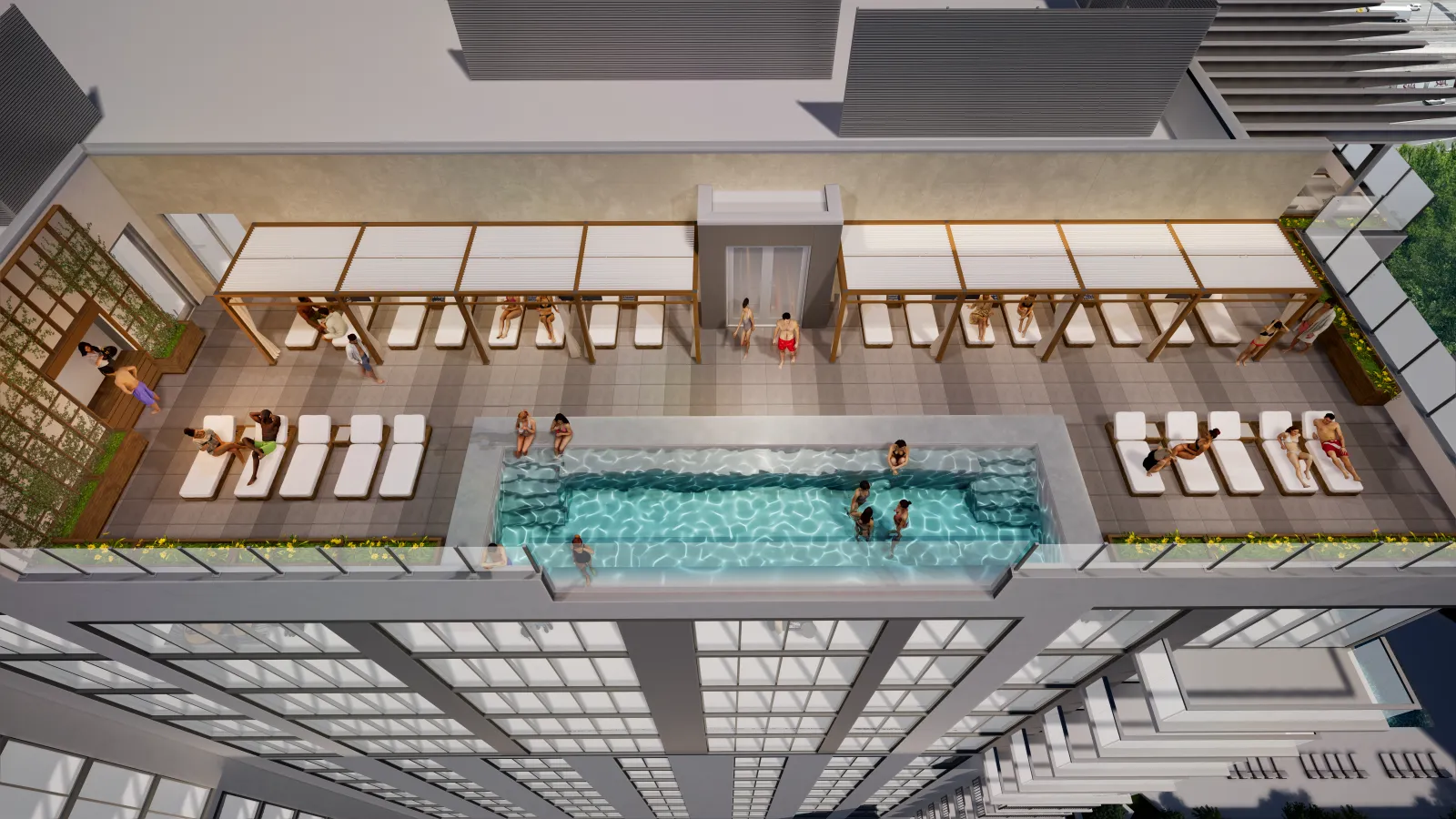 Rooftop pool with lounge chairs and people relaxing under shaded pergolas on a modern high-rise building.