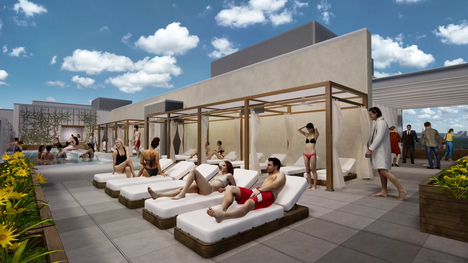 People relaxing by a modern rooftop pool with lounge chairs, cabanas, and sunny sky with clouds.