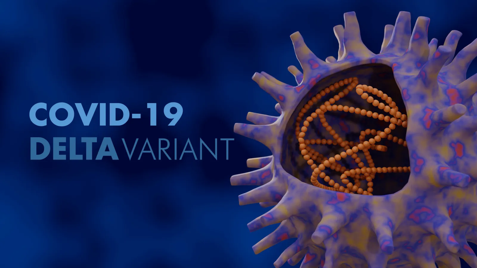 3d rendering of a COVID-19 microbe on a blue background labeled 'the delta variant'