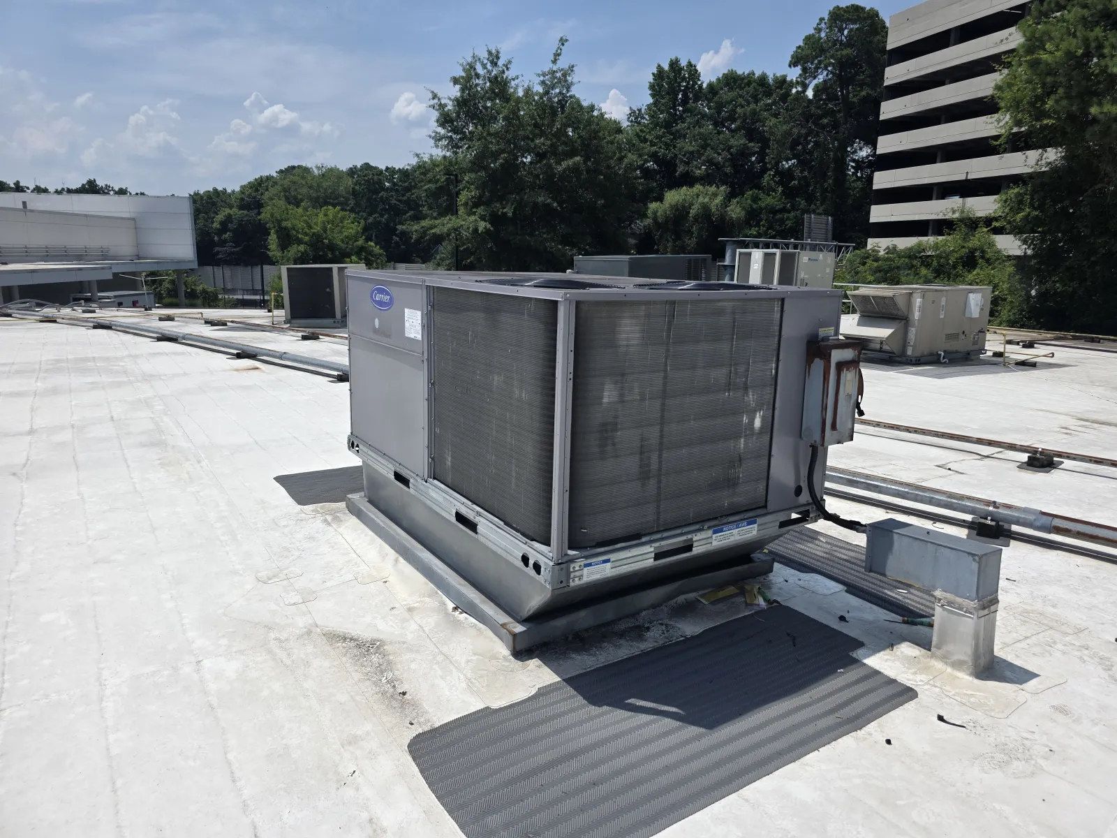 Commercial rooftop HVAC unit installed on a flat white roof under a sunny sky with trees and nearby buildings.
