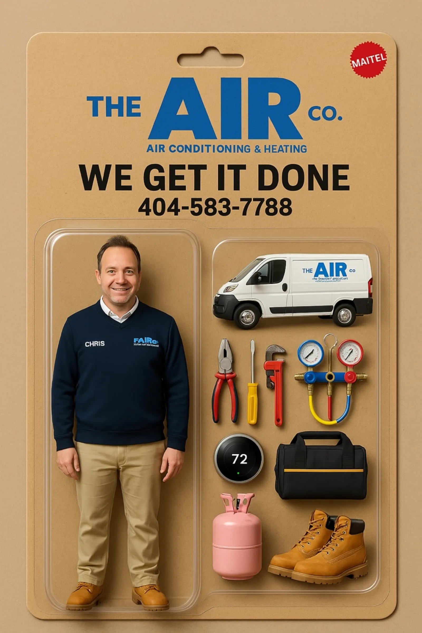 HVAC technician figure, tools, van, boots, and equipment displayed on cardboard blister packaging for The Air Co.