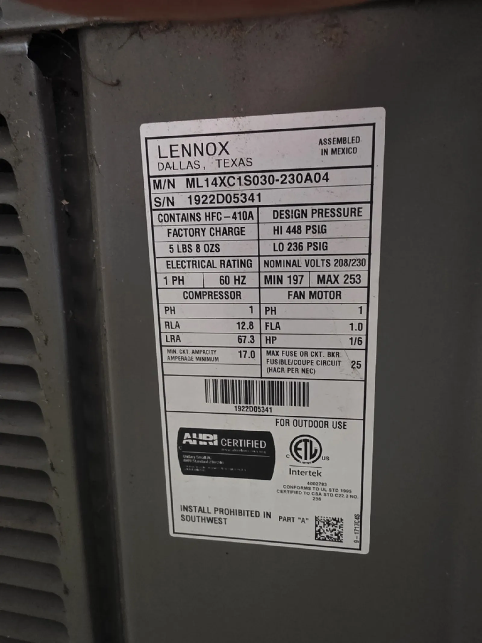 Lennox HVAC unit label with model and serial numbers, pressure ratings, electrical specs, and certification details.