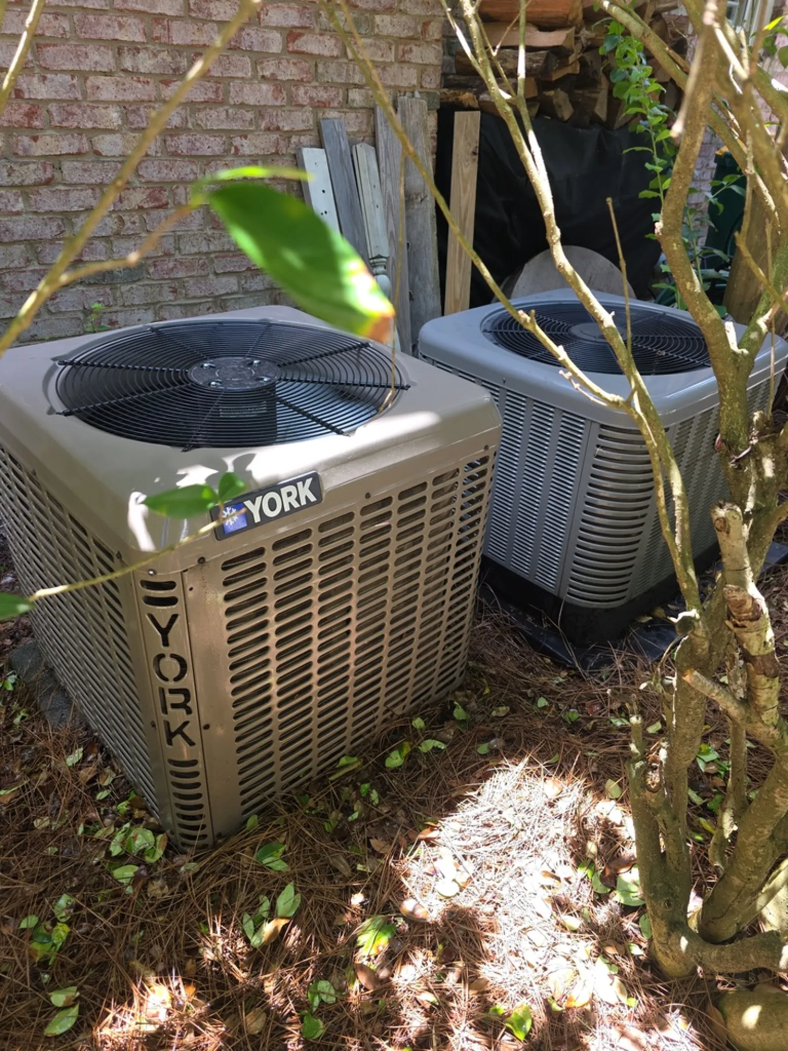 Two York air conditioning units outside near a brick wall with leaves and branches around them.