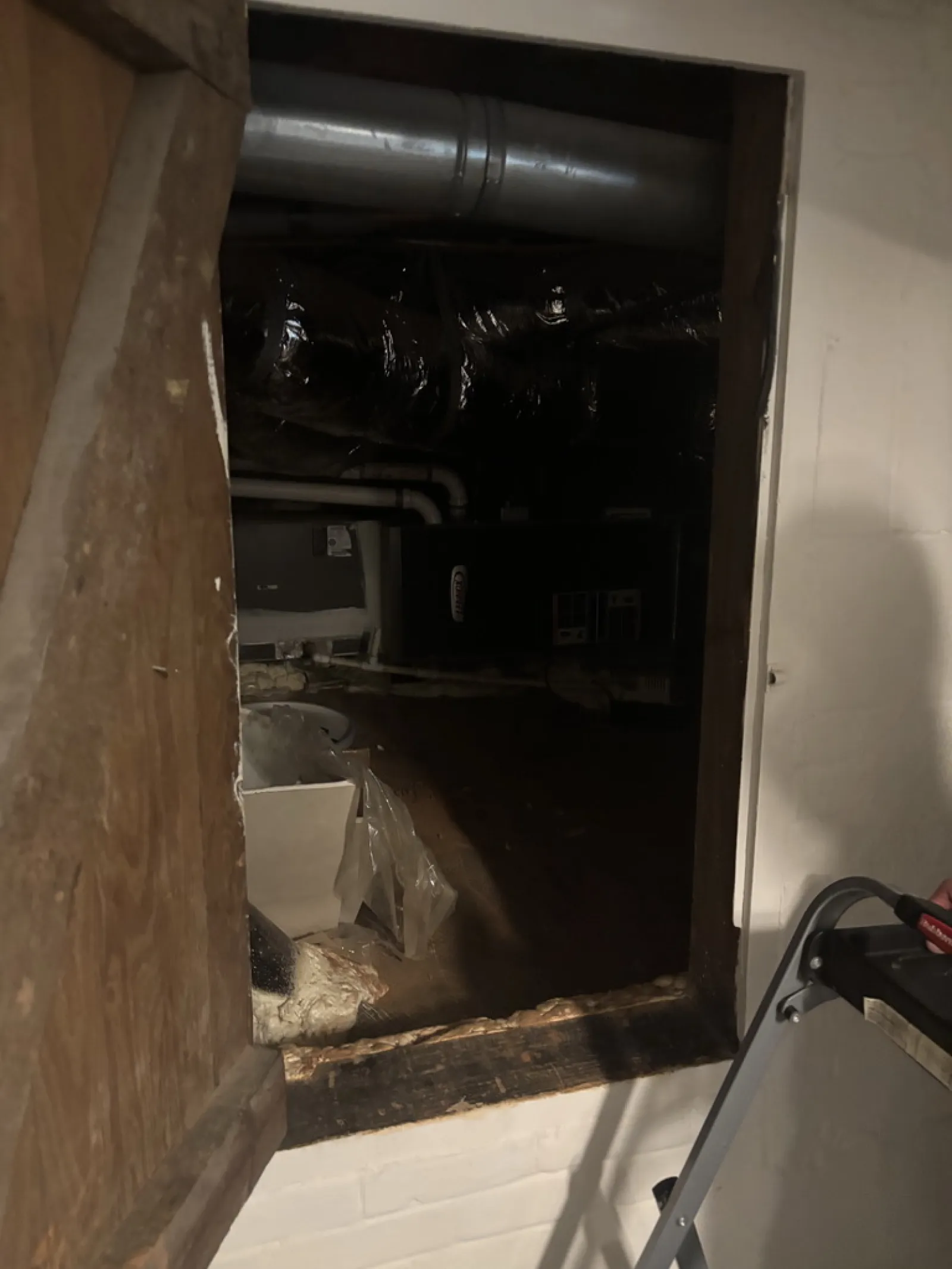 Dark basement room with exposed pipes, ducts, and insulation, viewed through a wooden door opening.