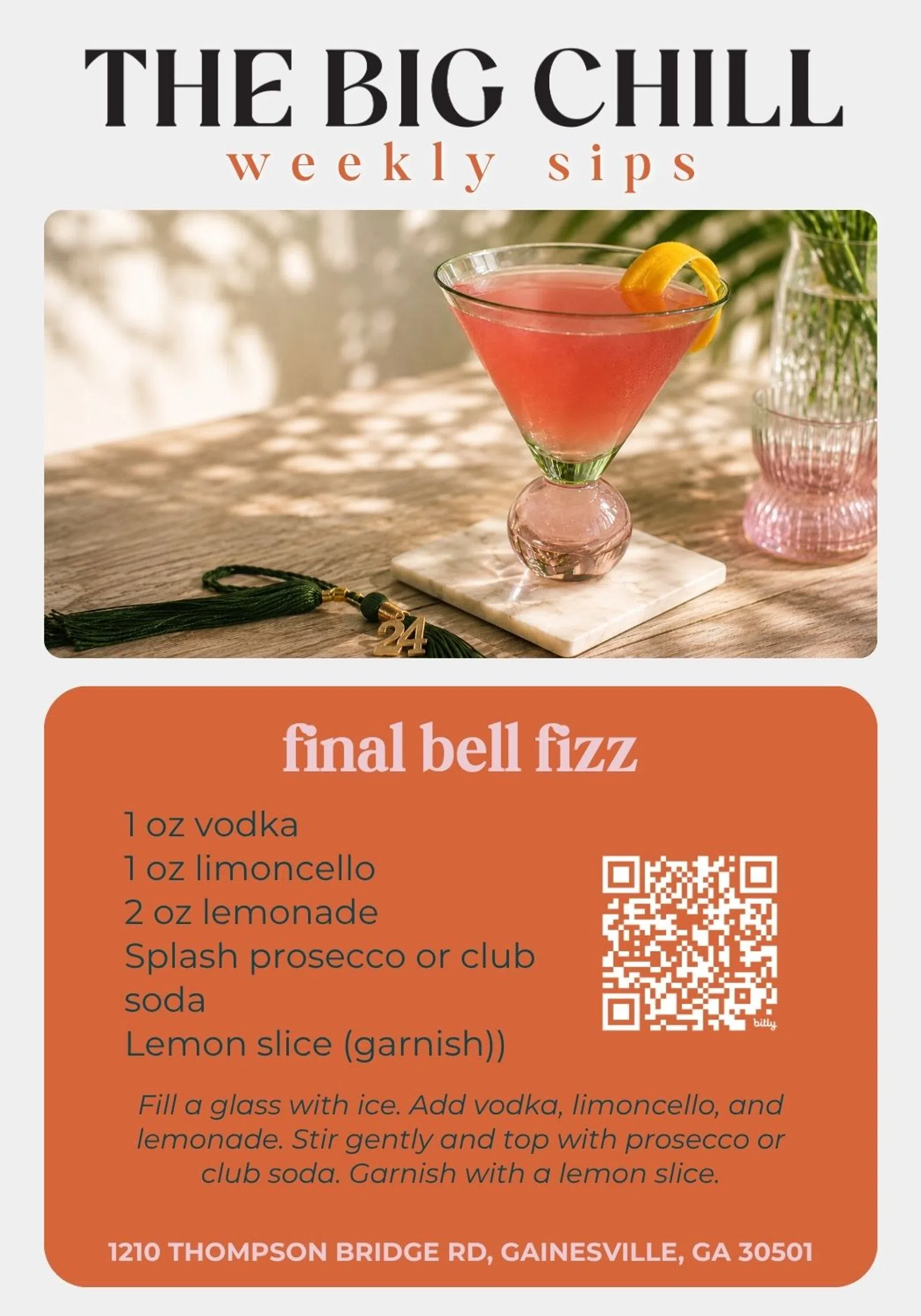 Pink final bell fizz cocktail on marble coaster with lemon garnish and recipe card for vodka lemonade drink.