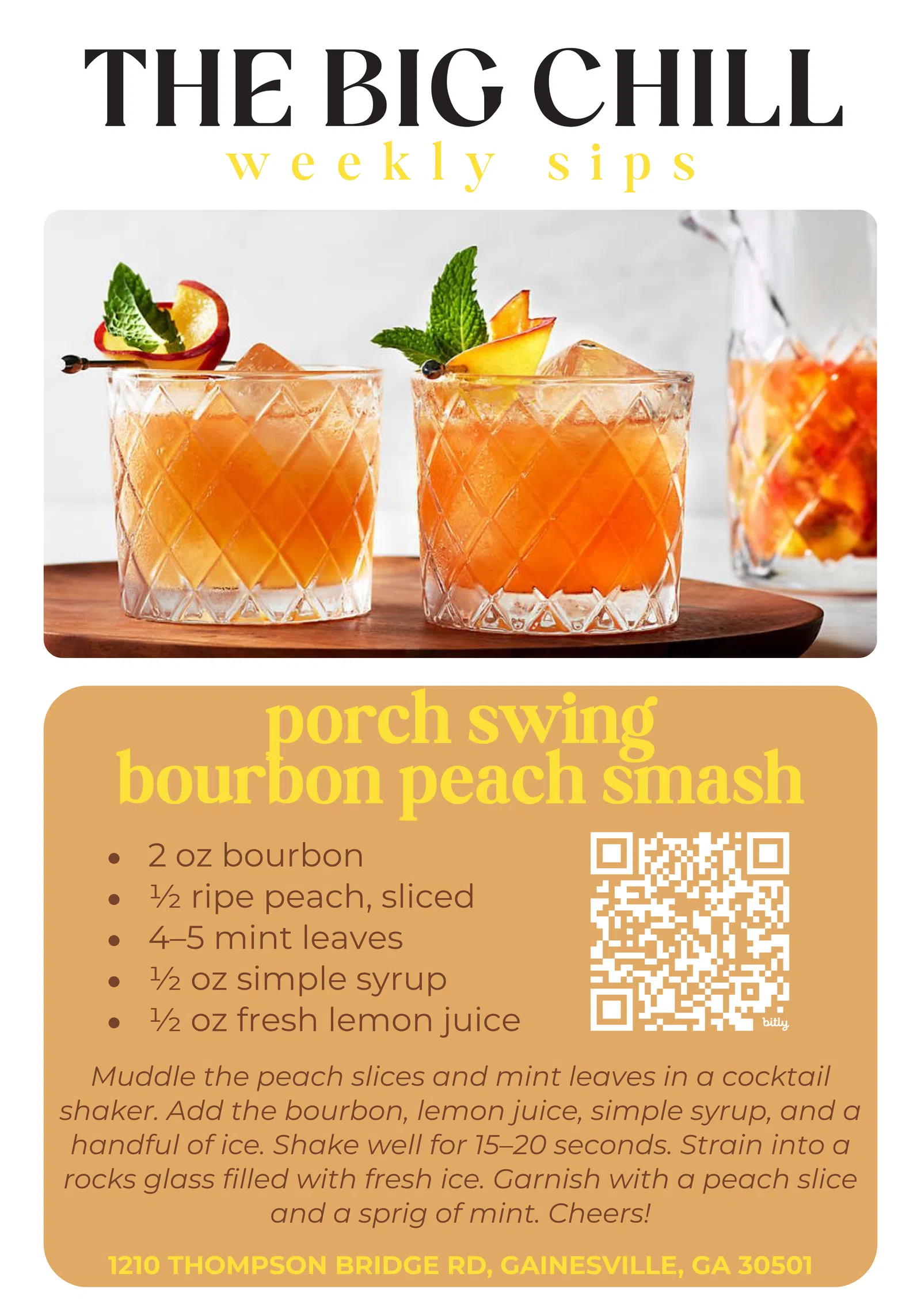 Two bourbon peach smash cocktails in diamond-cut glasses garnished with peach slices and mint leaves.