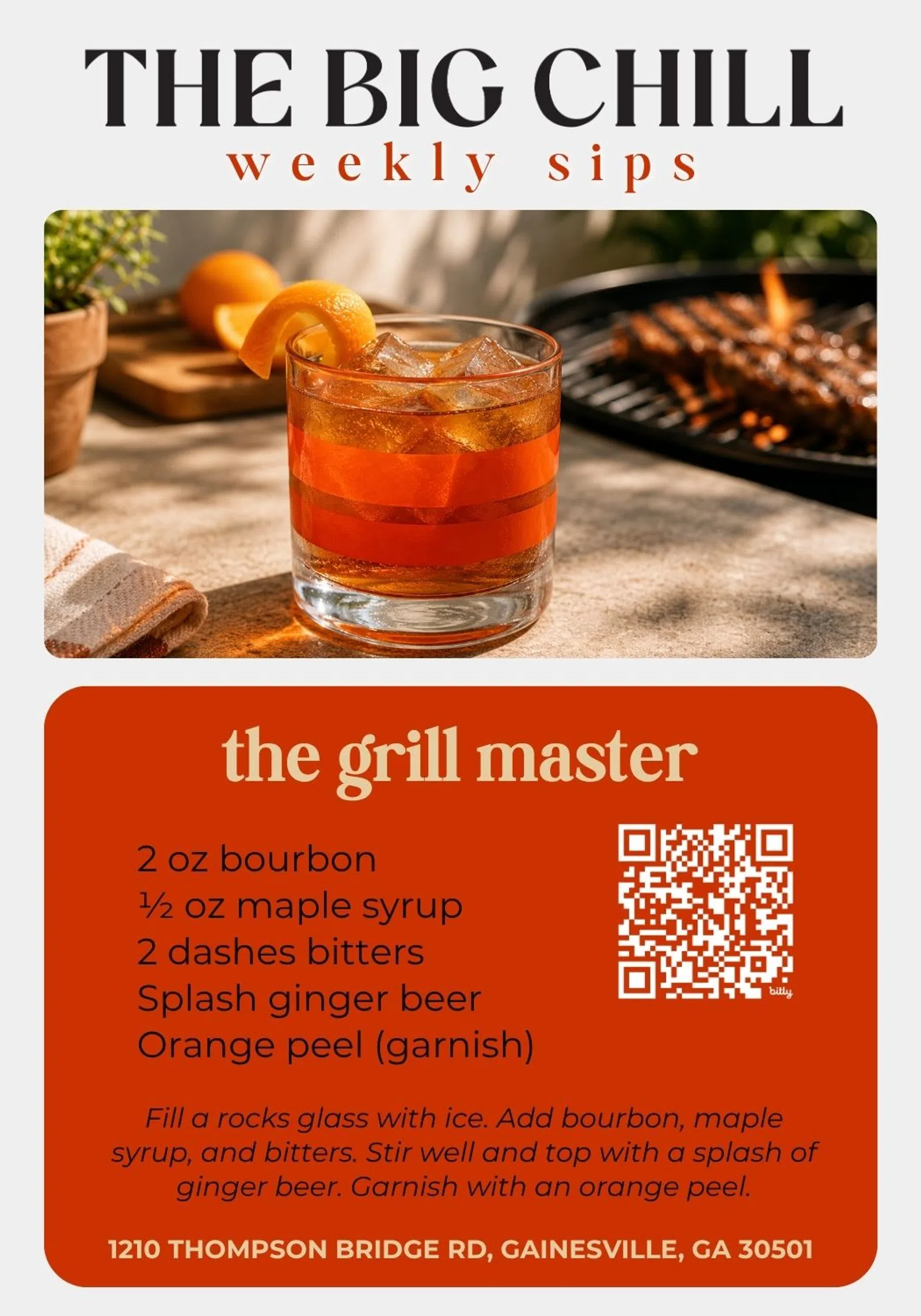 Cocktail named The Grill Master with bourbon and orange peel garnish next to outdoor grill and text recipe details.
