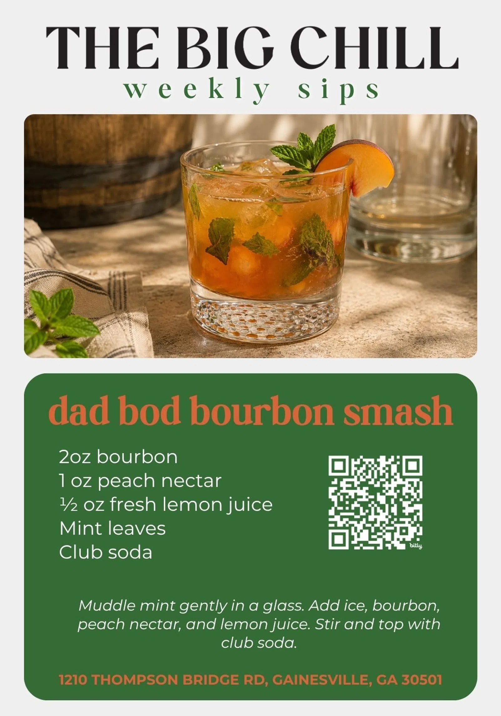 Glass of Dad Bod Bourbon Smash cocktail with mint and peach garnish on a table with recipe details.