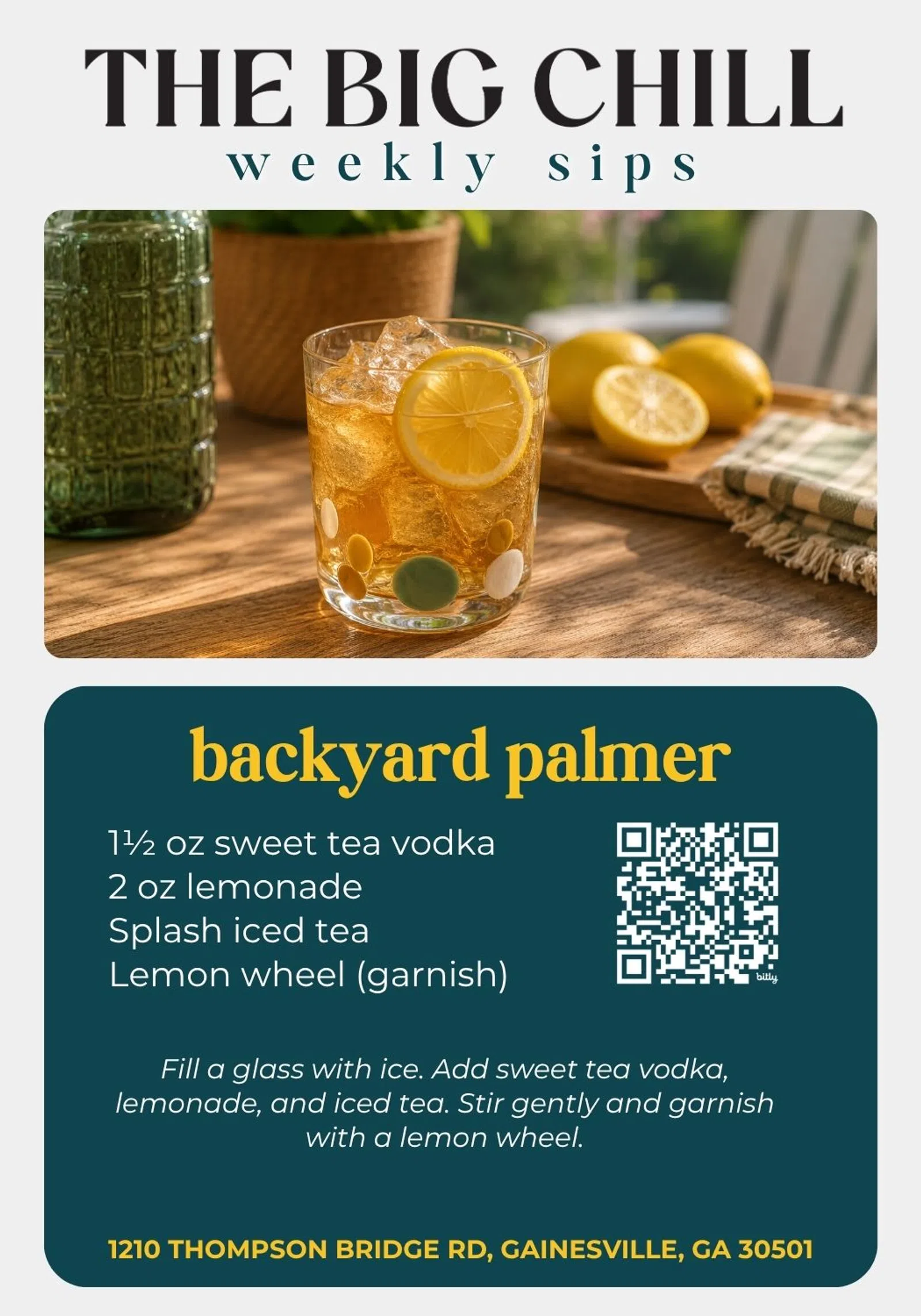 Glass of iced Backyard Palmer cocktail with lemon wheel on wooden table and fresh lemons in background.