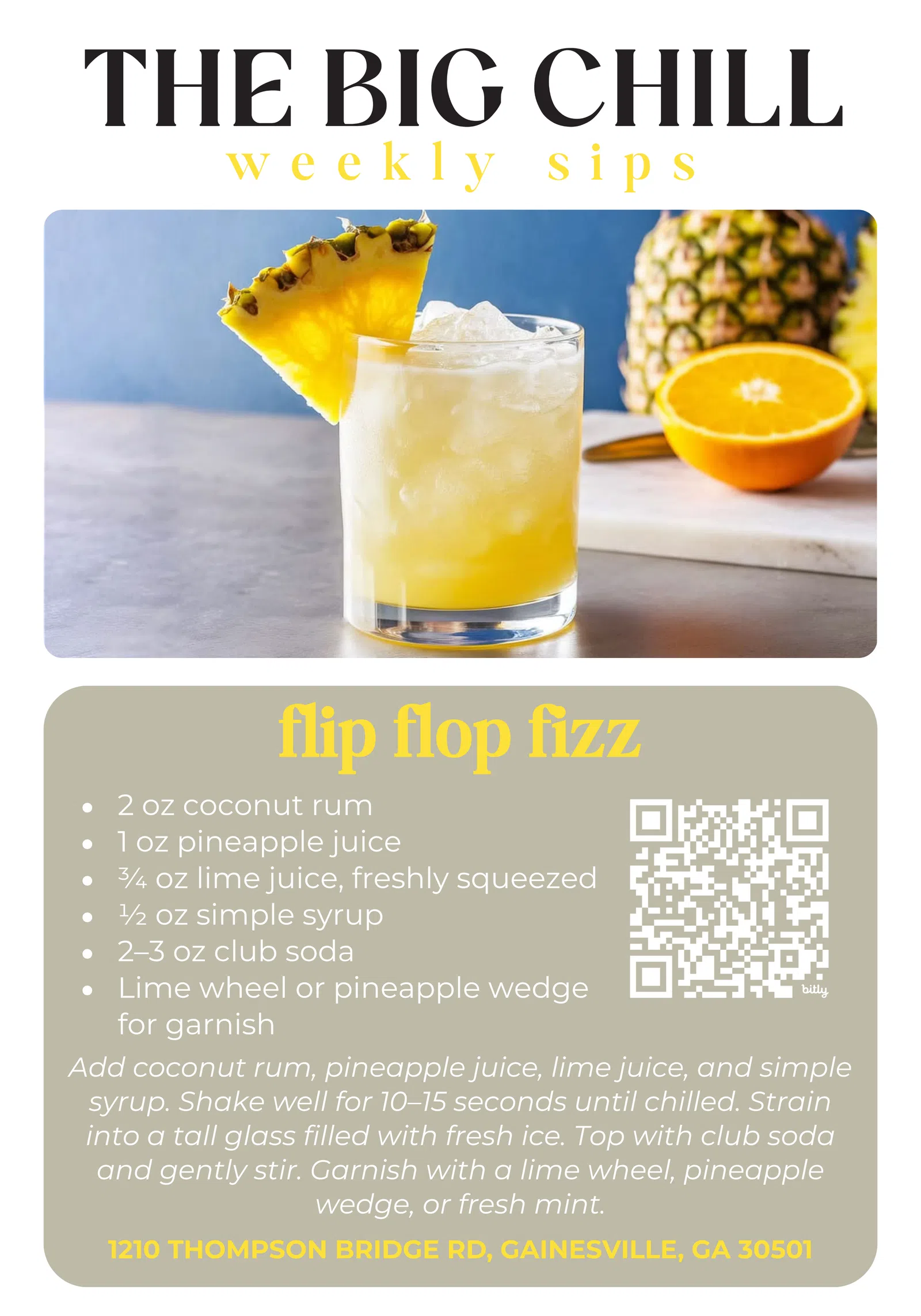 Refreshing Flip Flop Fizz cocktail with pineapple wedge garnish and fresh ingredients on a marble countertop.