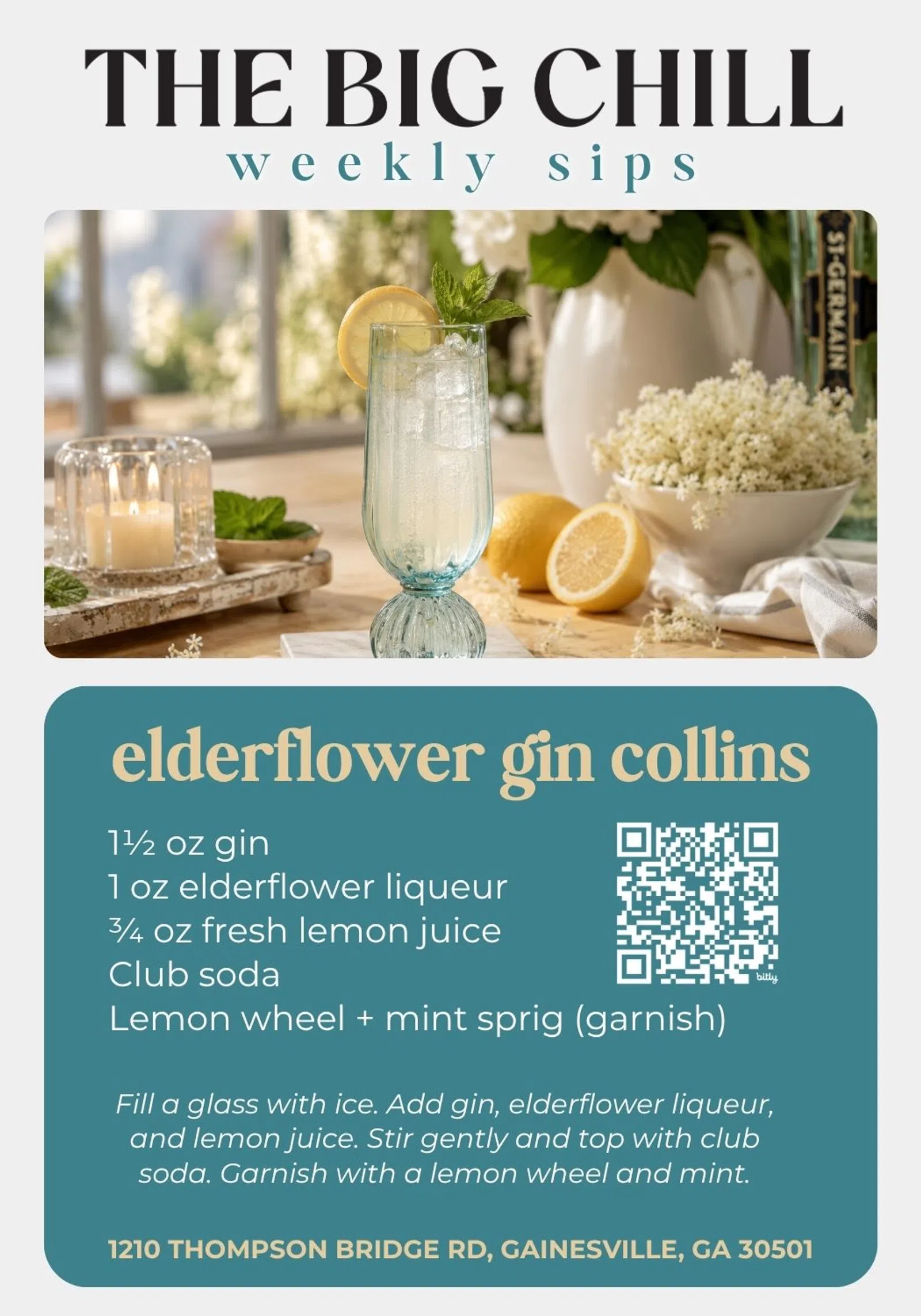 Elderflower gin collins cocktail with lemon wheel and mint garnish, recipe and ingredients shown.