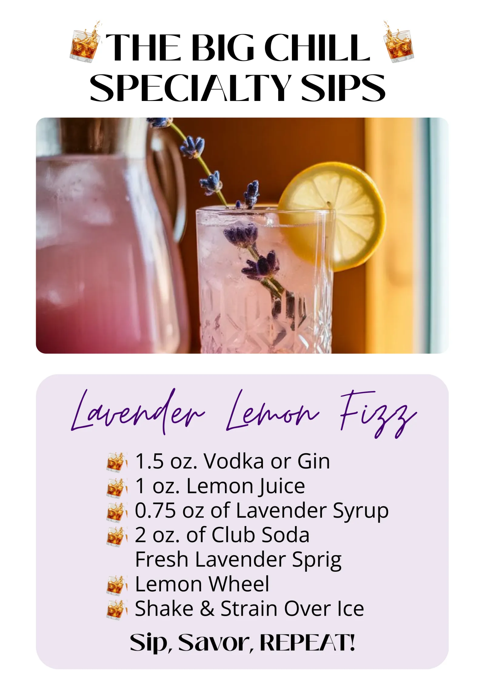 Lavender Lemon Fizz cocktail with lemon wheel and lavender sprig in a textured glass next to a bottle.