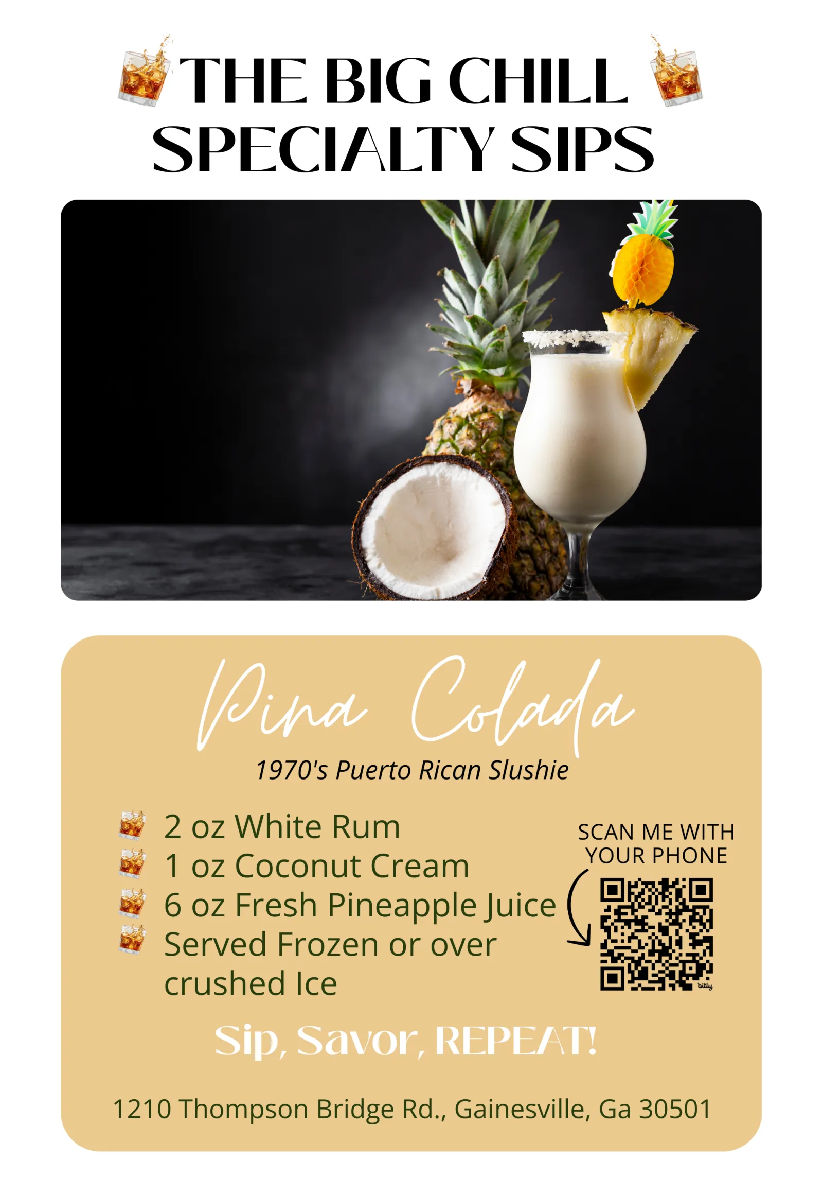 Pina Colada drink with pineapple, coconut, and recipe details on a promotional image