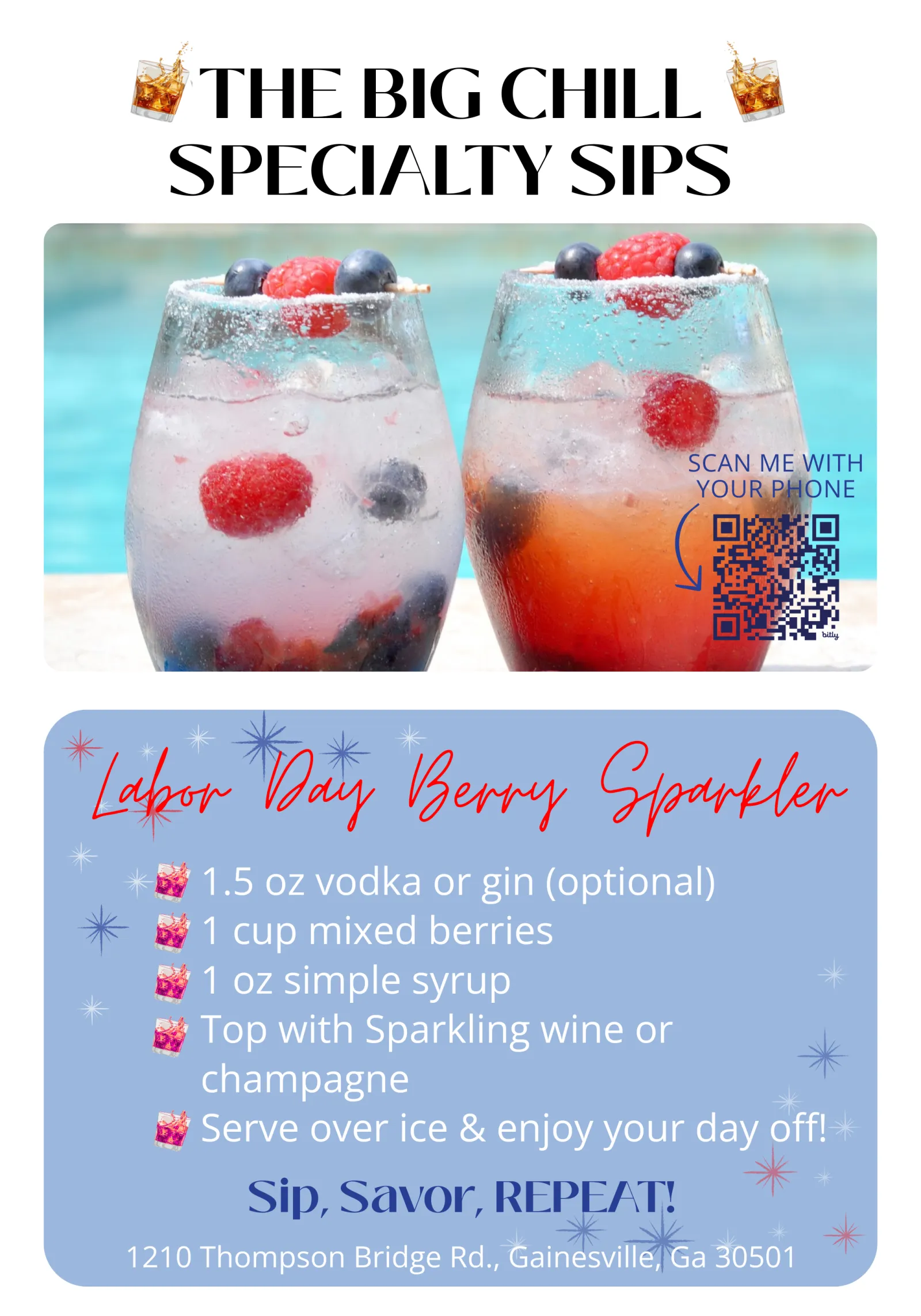 Two berry sparkling drinks with ice and mixed berries next to a swimming pool under bright light.