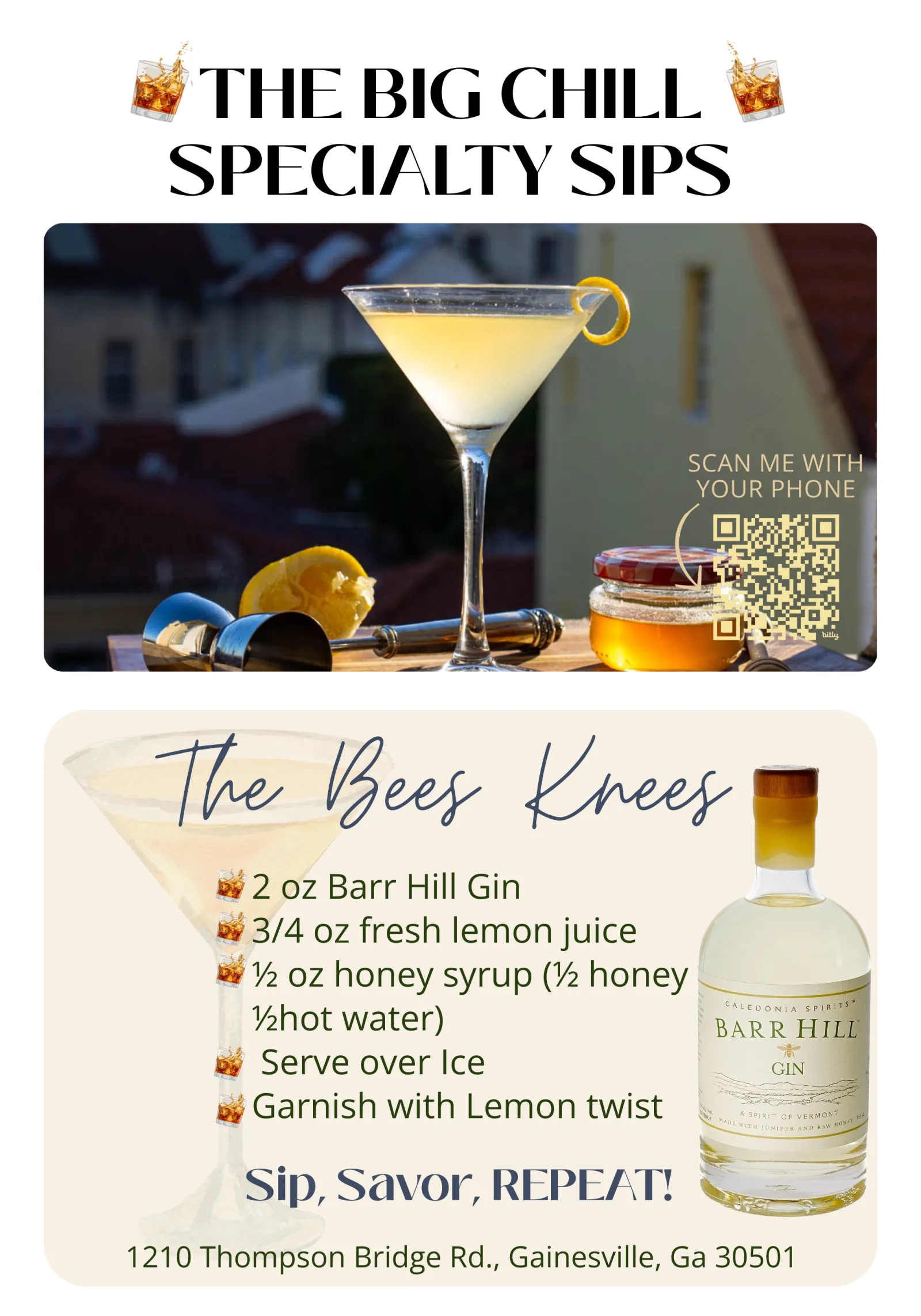 Cocktail The Bees Knees with Barr Hill Gin, lemon twist garnish, honey jar, and jiggers on outdoor table.