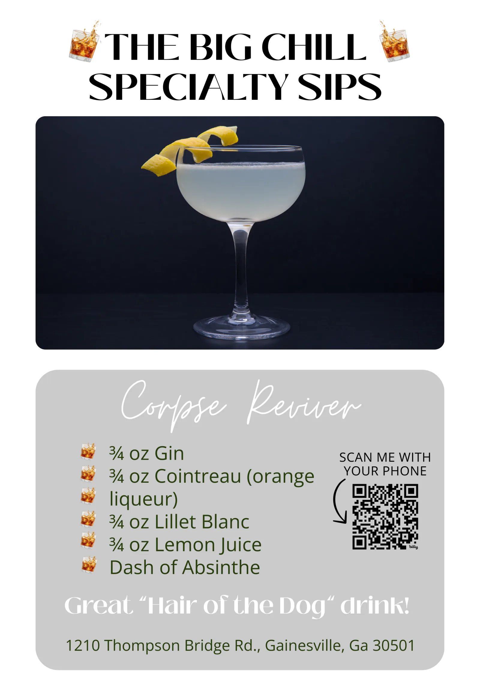 Elegant Corpse Reviver cocktail in a coupe glass garnished with lemon twist on black background.