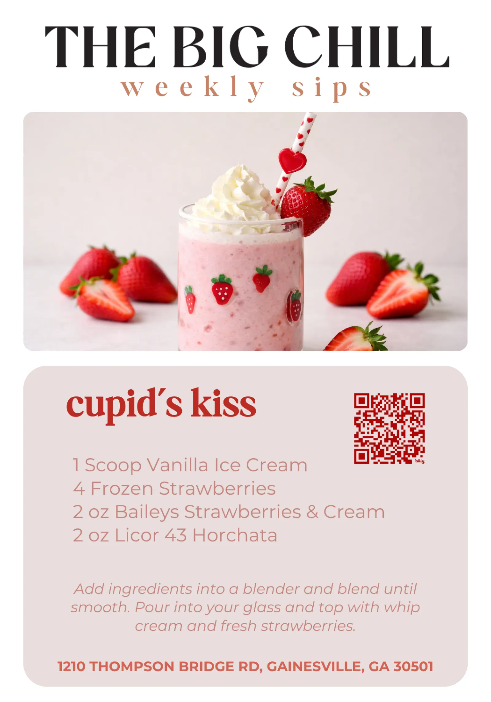 Strawberry milkshake with whipped cream and fresh strawberries in a decorated glass with a heart straw.