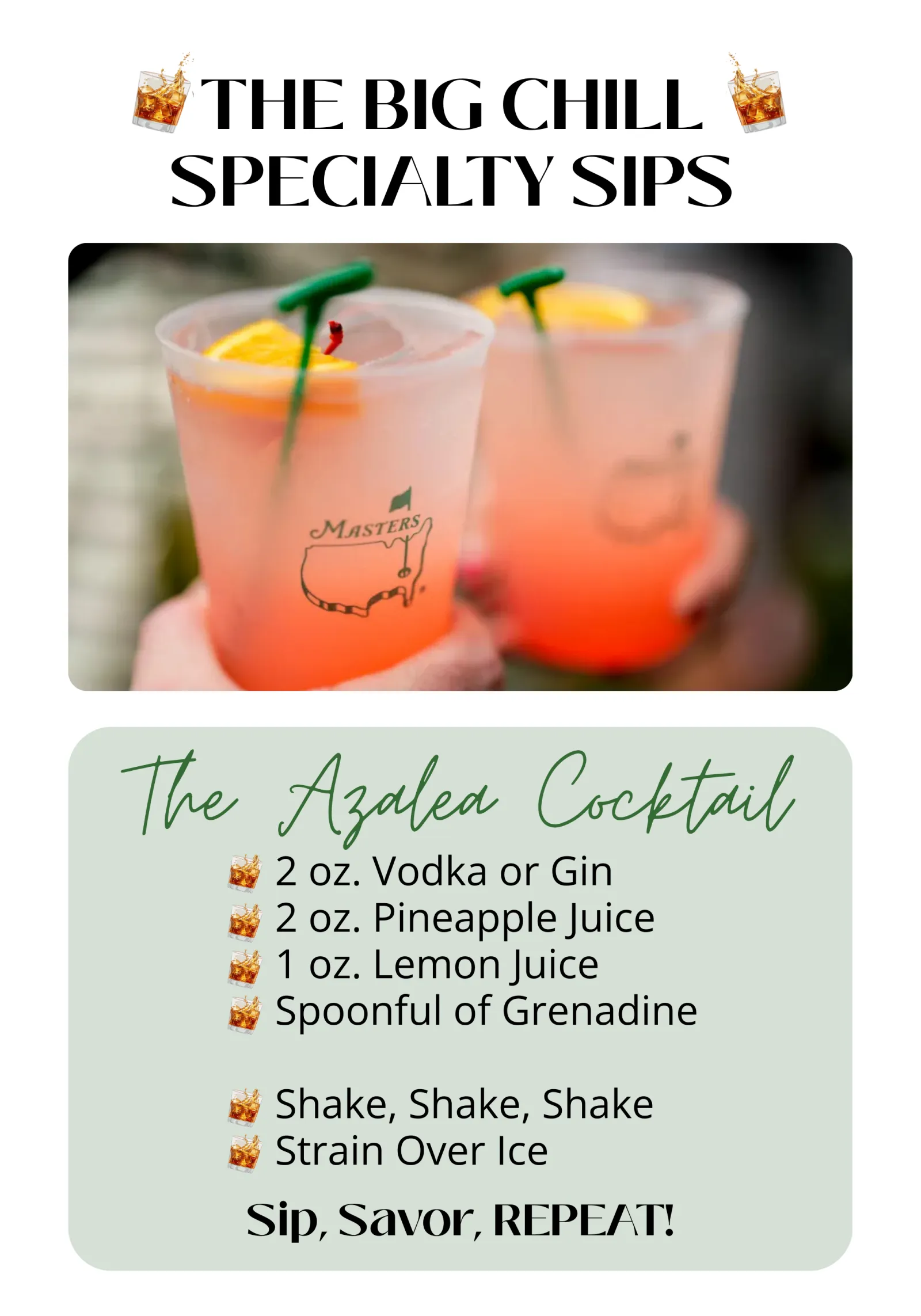Two pink Azalea Cocktails with ice, orange slices, and green stirrers in clear Masters-branded cups.