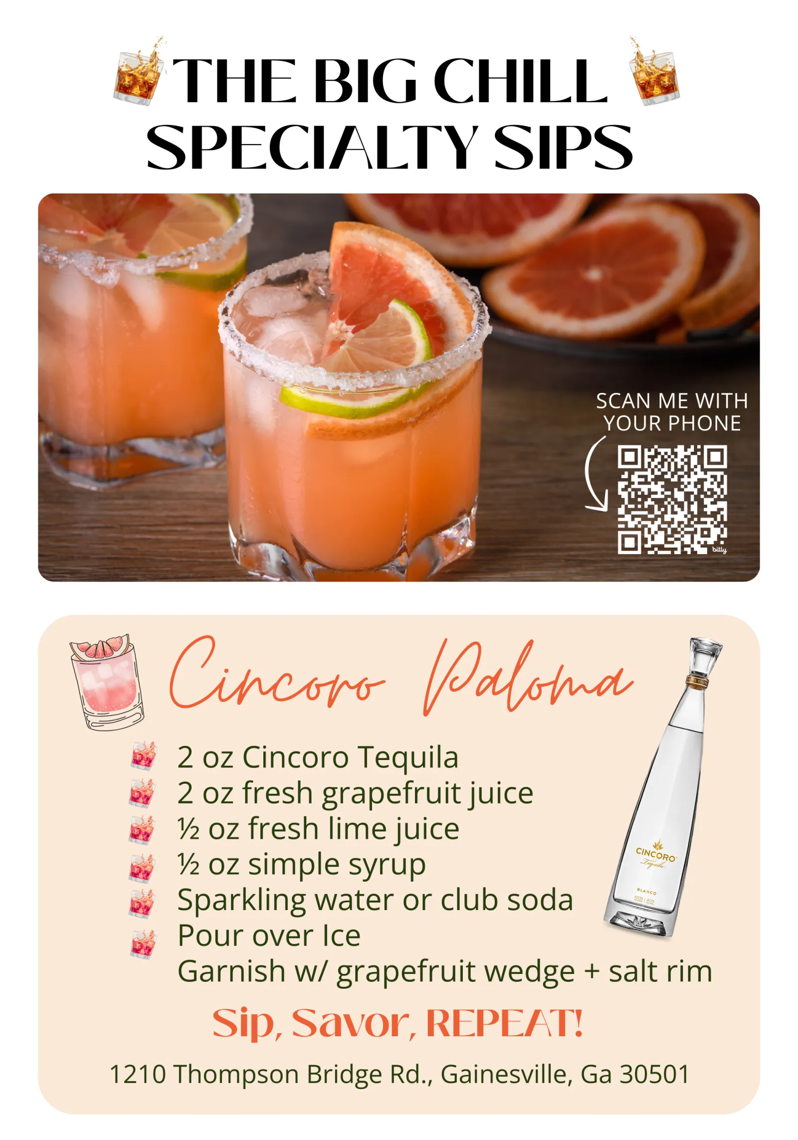 Two Cincoro Paloma cocktails with grapefruit wedges and salted rims on a wooden table with grapefruit slices in background.