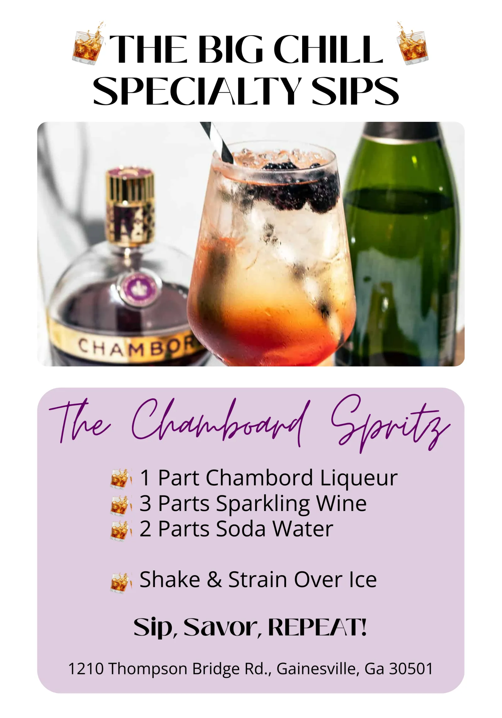 Chambord Spritz cocktail with Chambord bottle, sparkling wine, and soda water against a white background.