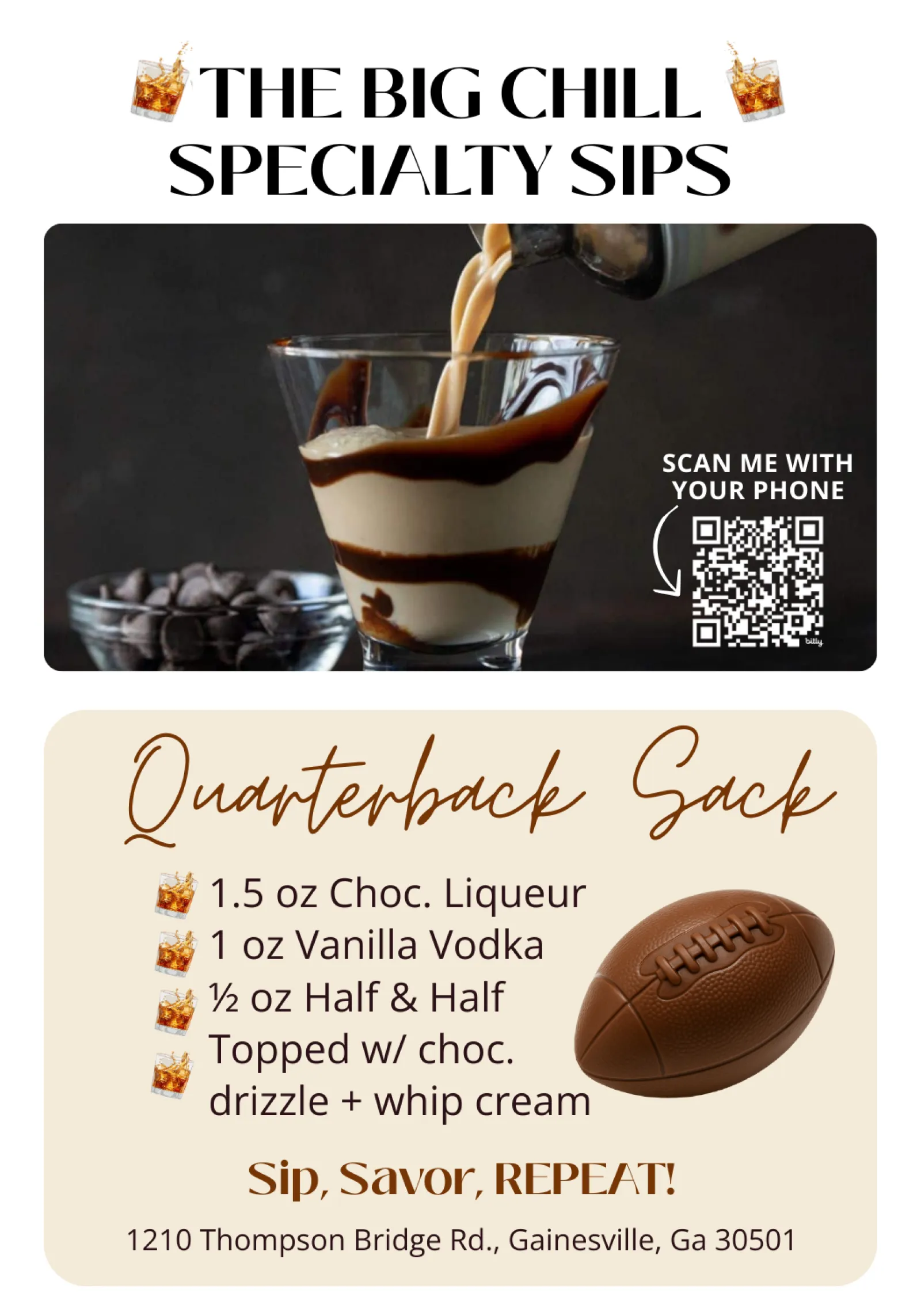 Chocolate and cream cocktail being poured into a glass with chocolate drizzle, featuring Quarterback Sack recipe.