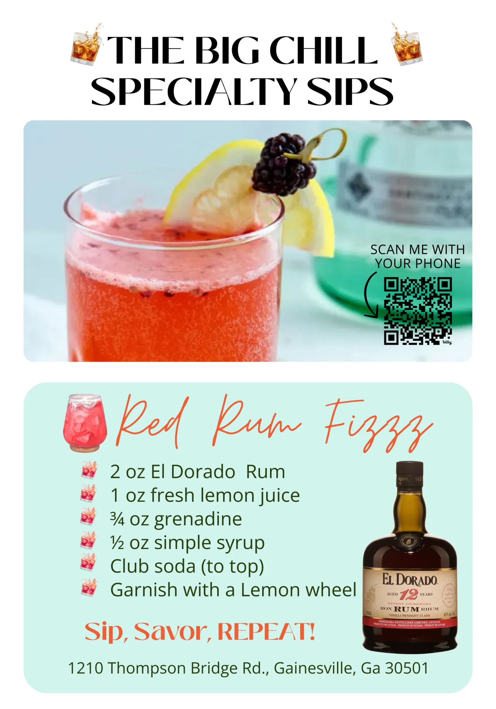 Red Rum Fizzz cocktail with lemon slice and blackberry garnish alongside El Dorado rum bottle and recipe.