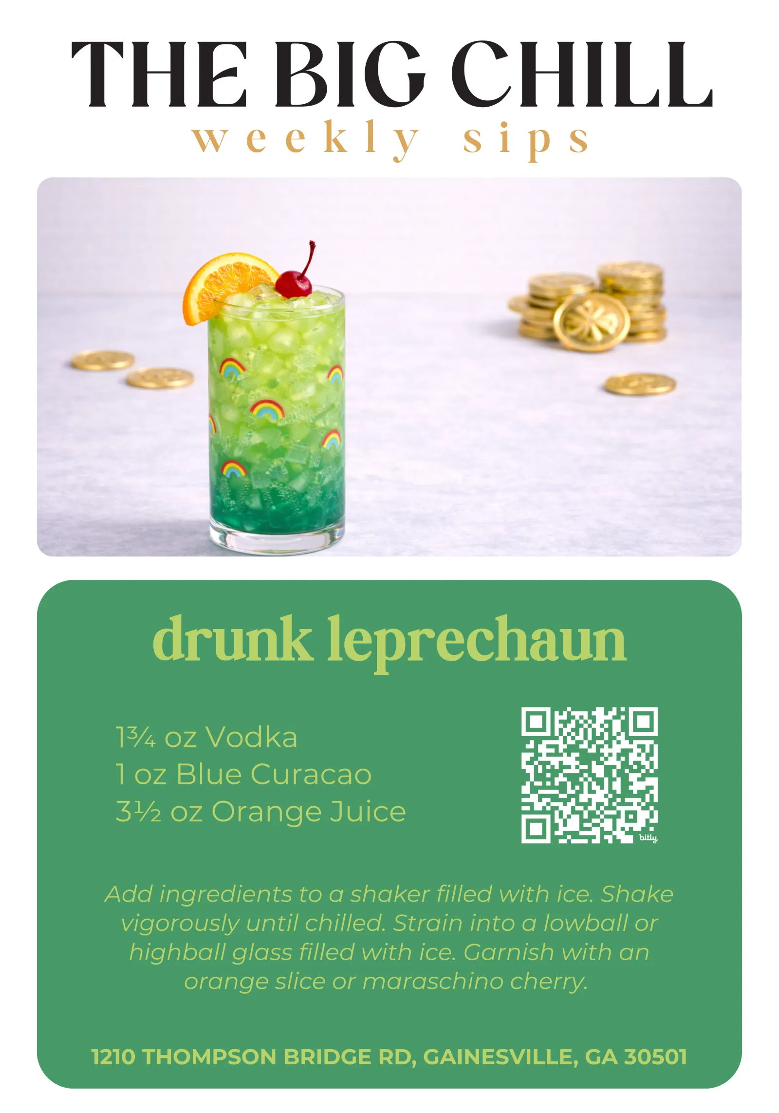 Green and blue Drunk Leprechaun cocktail with ice, orange slice, cherry, and gold coins in background.