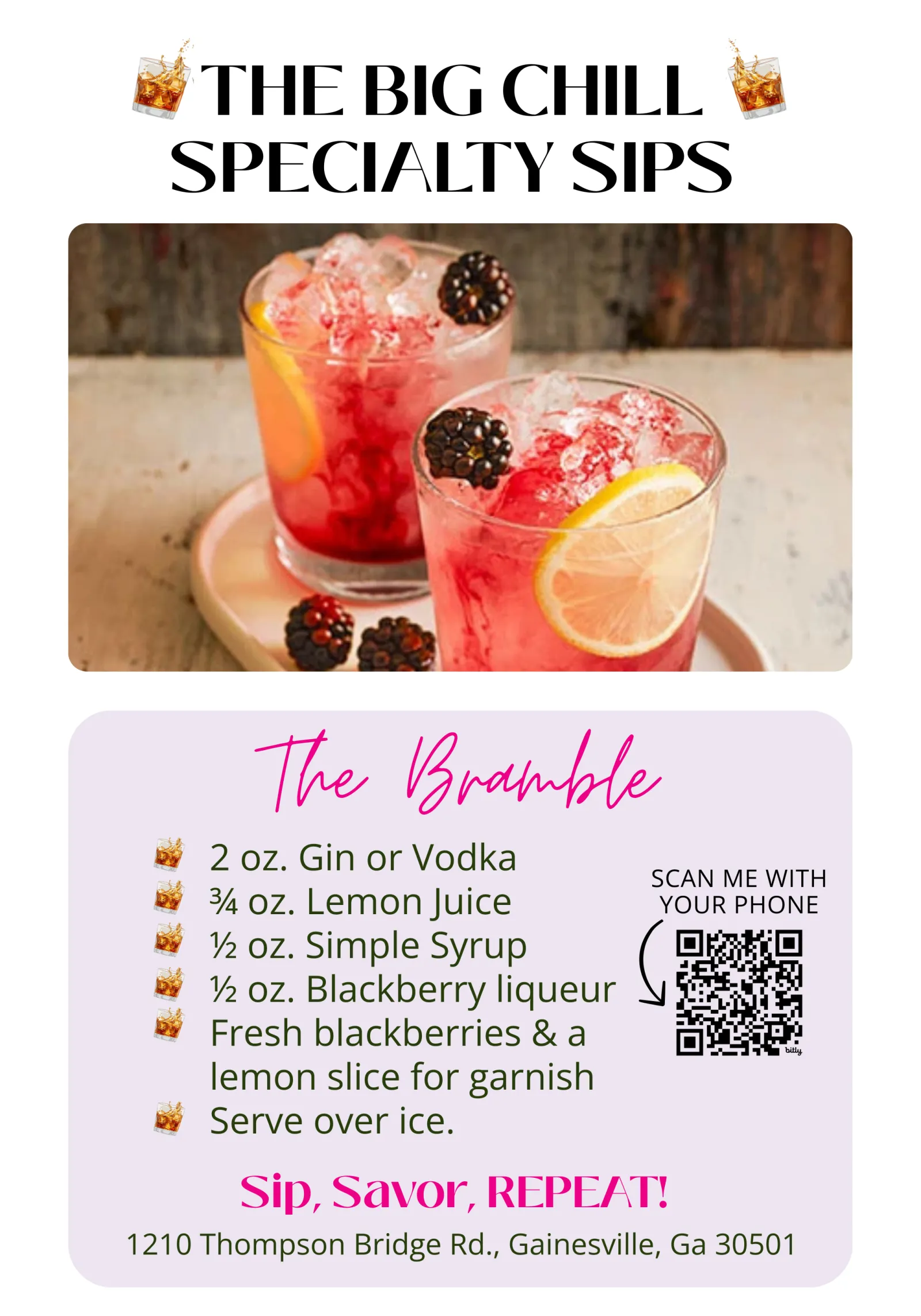 Two Bramble cocktails with blackberries, lemon slices, and crushed ice served on a white tray.