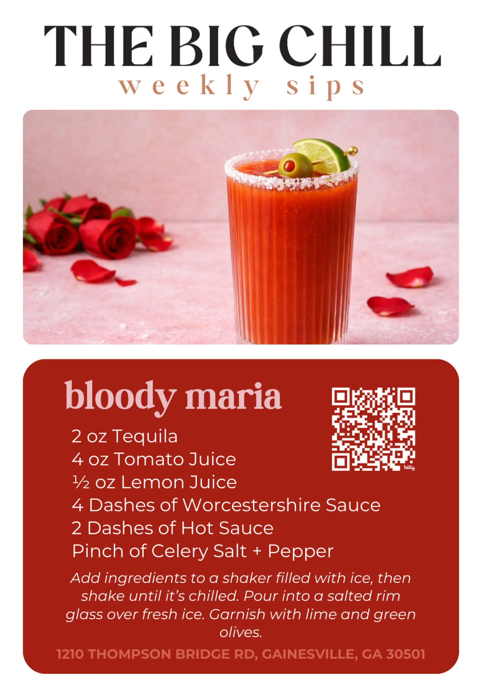 Bloody Maria cocktail in a salted rim glass garnished with lime wedge and green olive on a pink background with red roses.