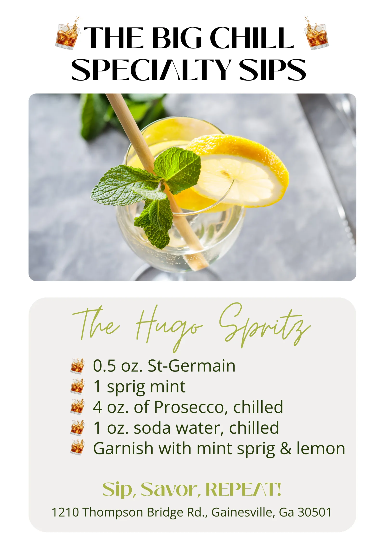 Close-up of Hugo Spritz cocktail garnished with fresh mint and lemon slice in a glass with a straw.