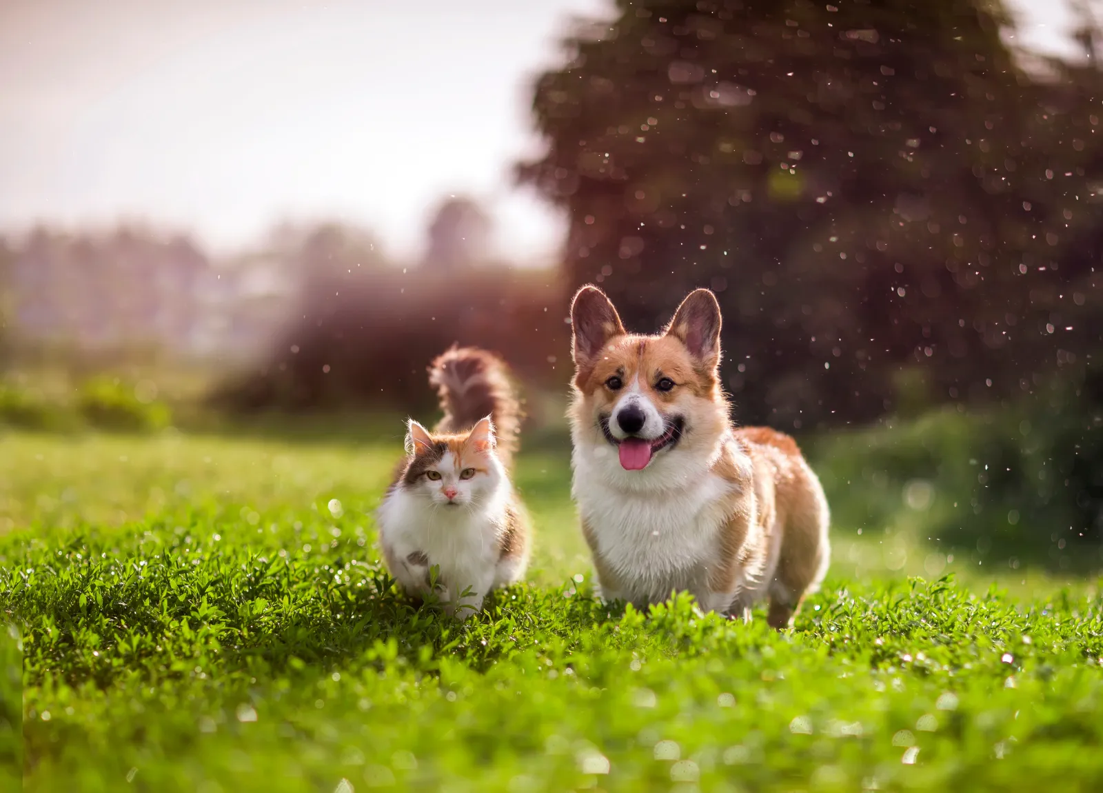 a small dog and cat in a field 