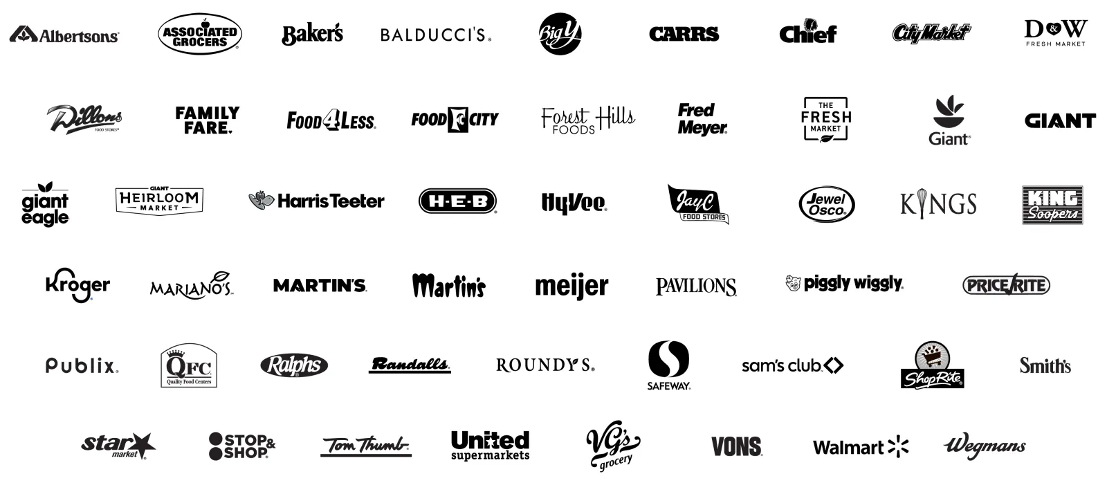 Collection of various grocery store and supermarket logos arranged in a grid layout on a white background.