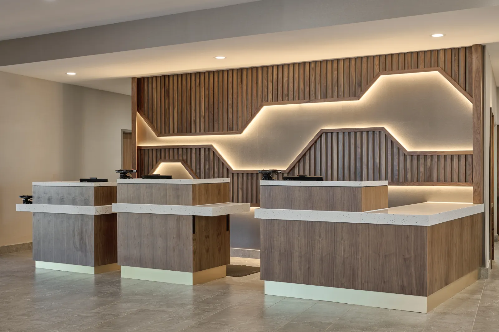 Marriott Courtyard & Residence Inn Dual Brand Custom Front Desk Millwork and Quartz Countertops