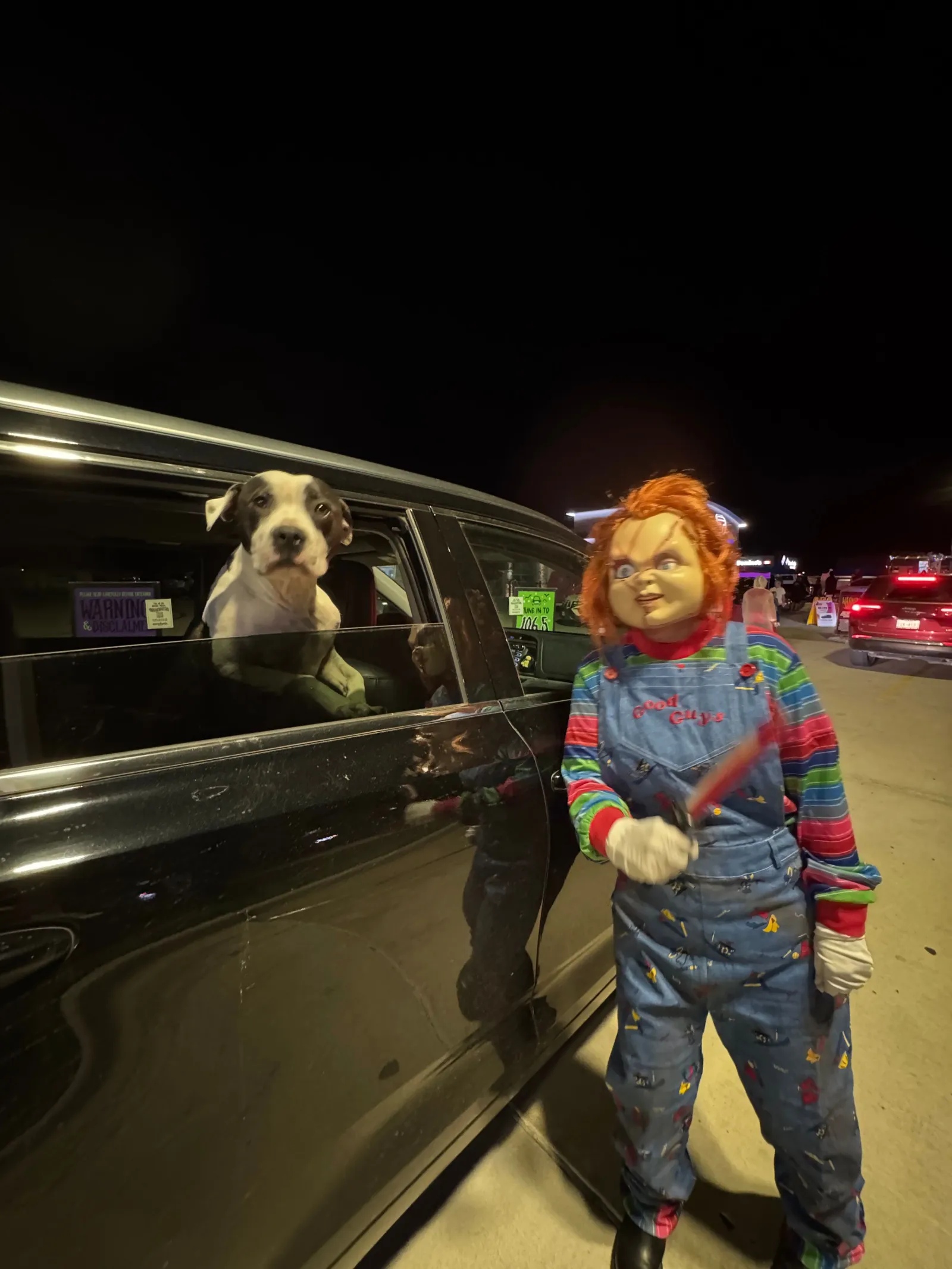 Child in a Chucky costume holding a knife prop stands beside a black car with a dog looking out the window at night.