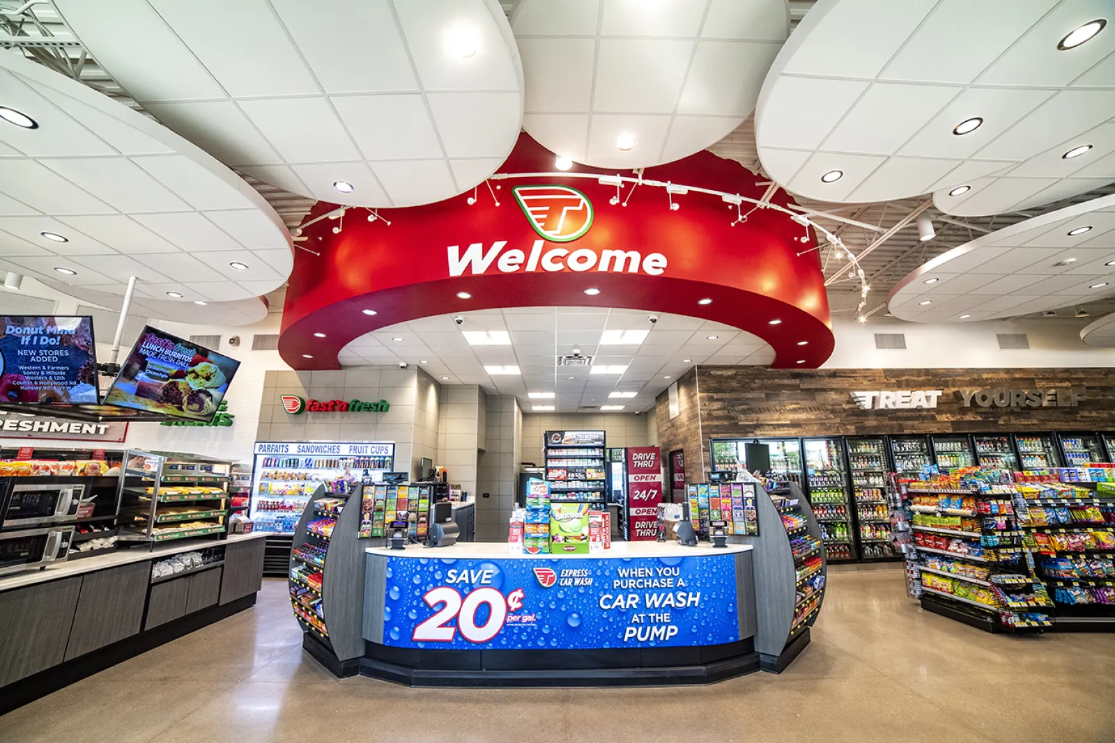 a large red sign in a store