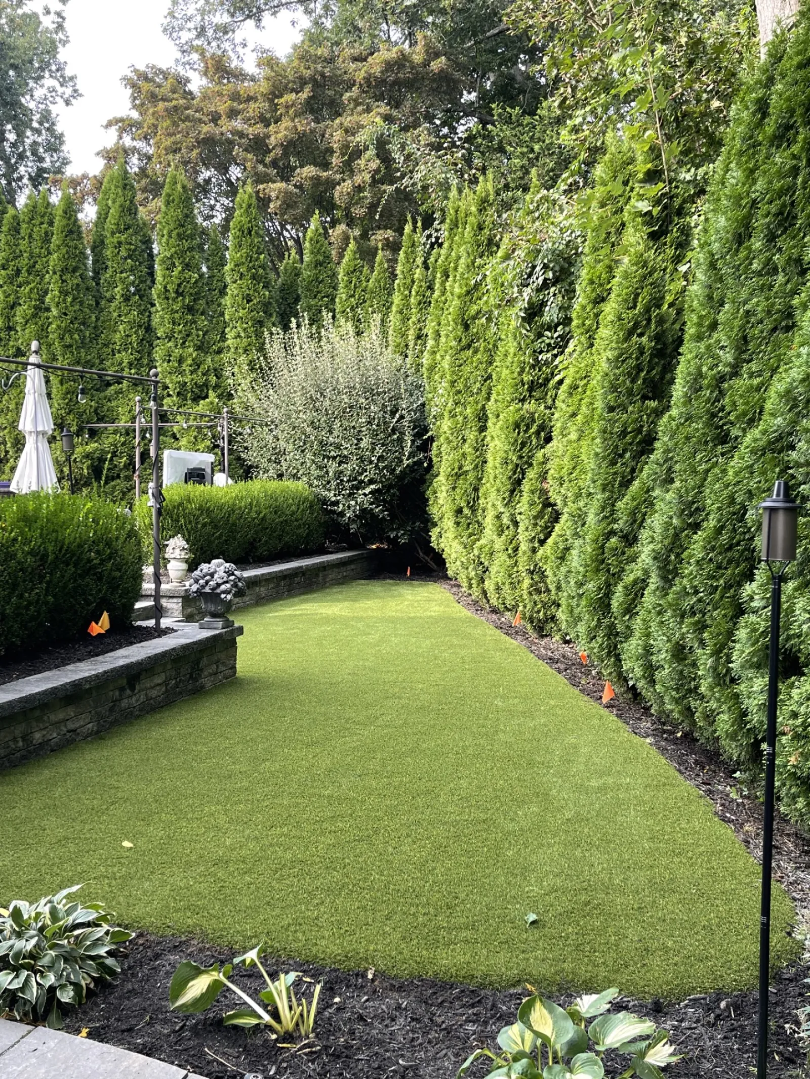 a green lawn with bushes and trees
