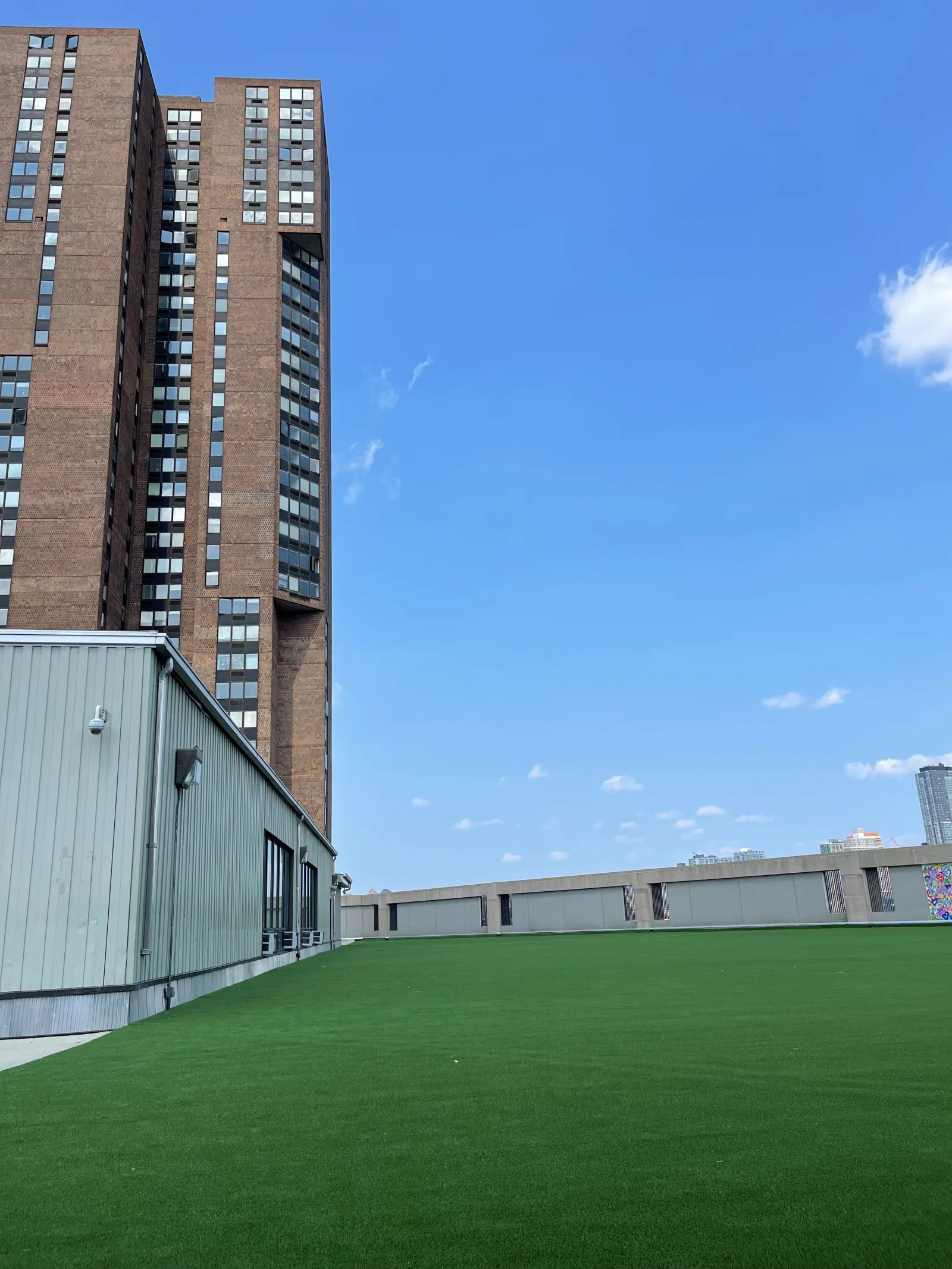 a grassy area with buildings in the background