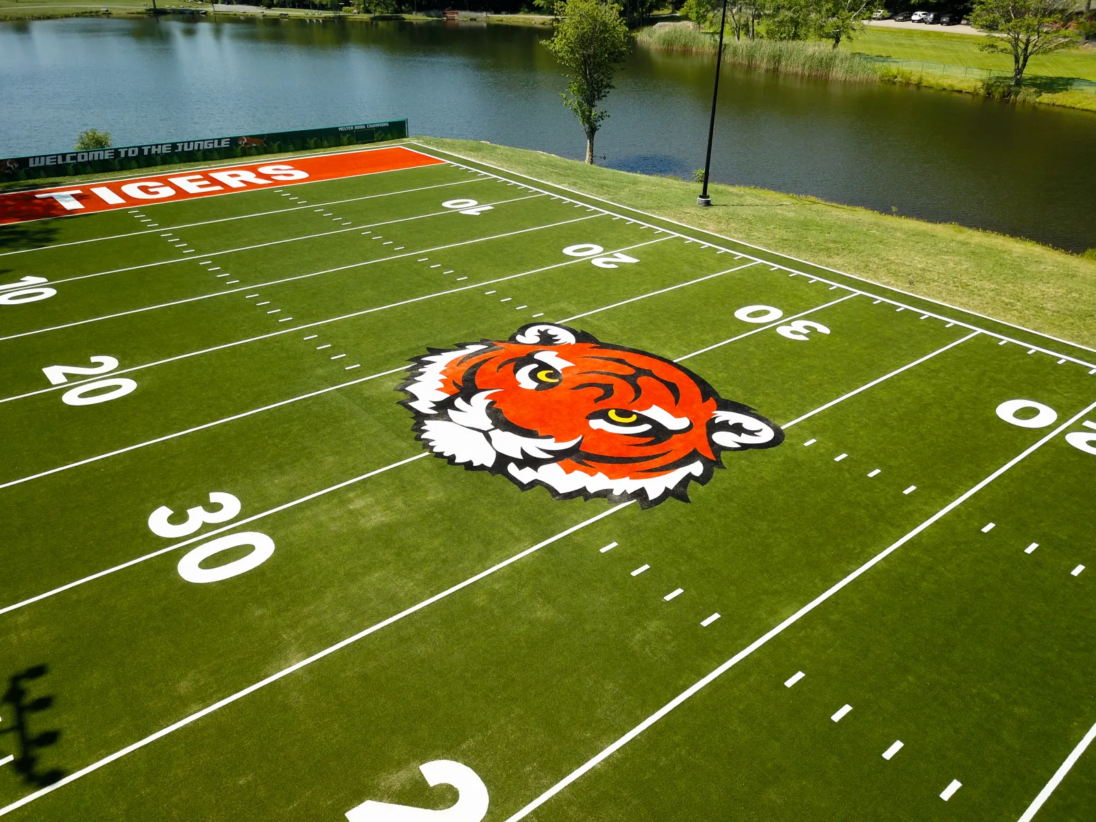 a football field with a cartoon character