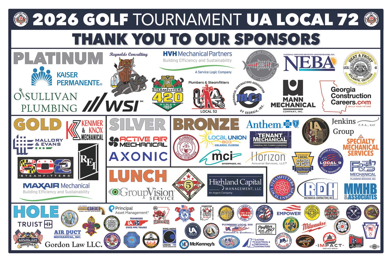 2026 golf tournament sponsor banner featuring Platinum, Gold, Silver, Bronze, Lunch, and Hole sponsors with logos.