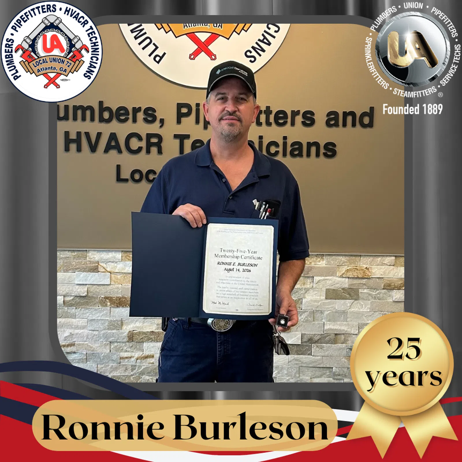 Man holding a certificate celebrating 25 years of membership at Plumbers, Pipefitters, and HVACR Technicians union.