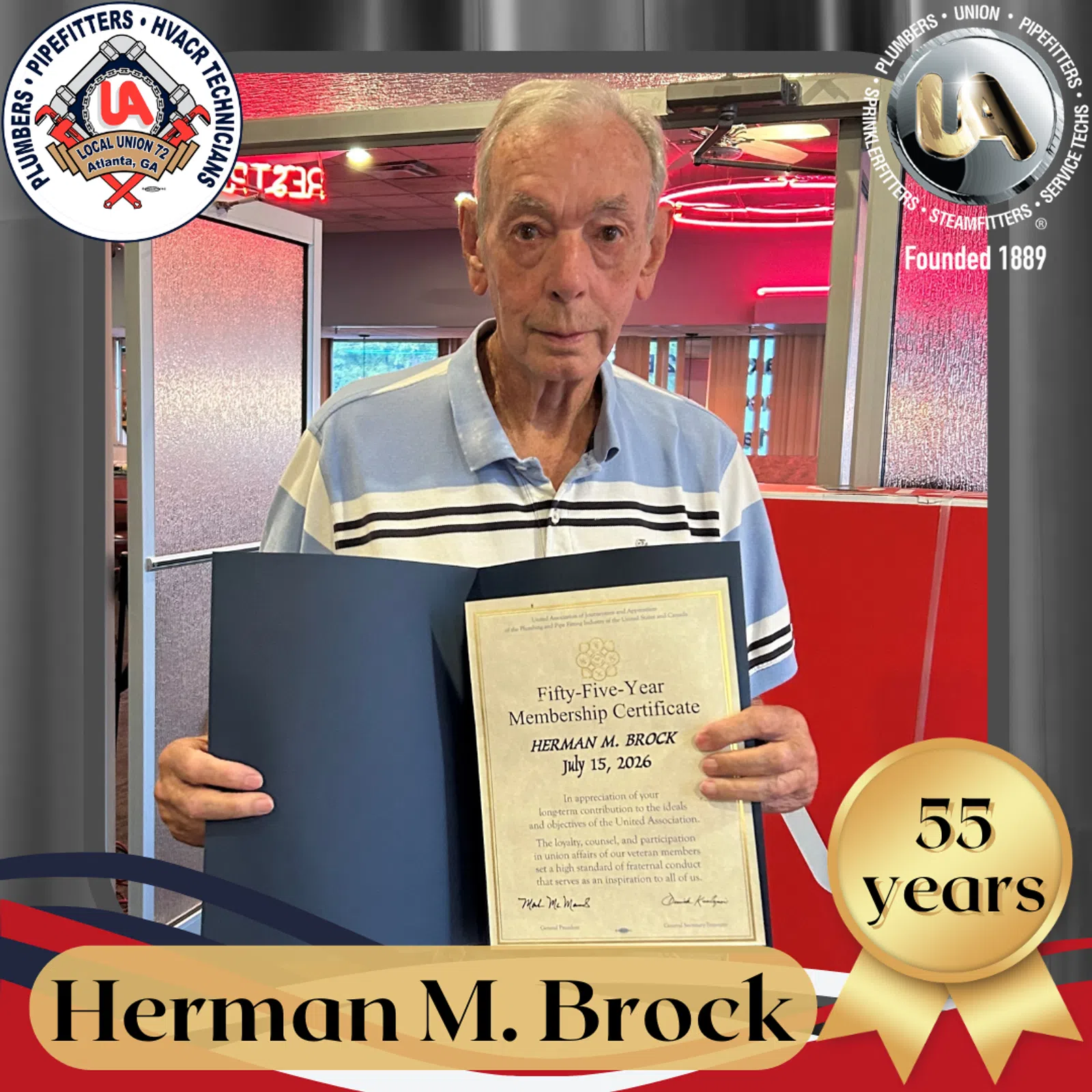 Senior man holding a 55-year membership certificate with logos of plumbers and pipefitters union in background.