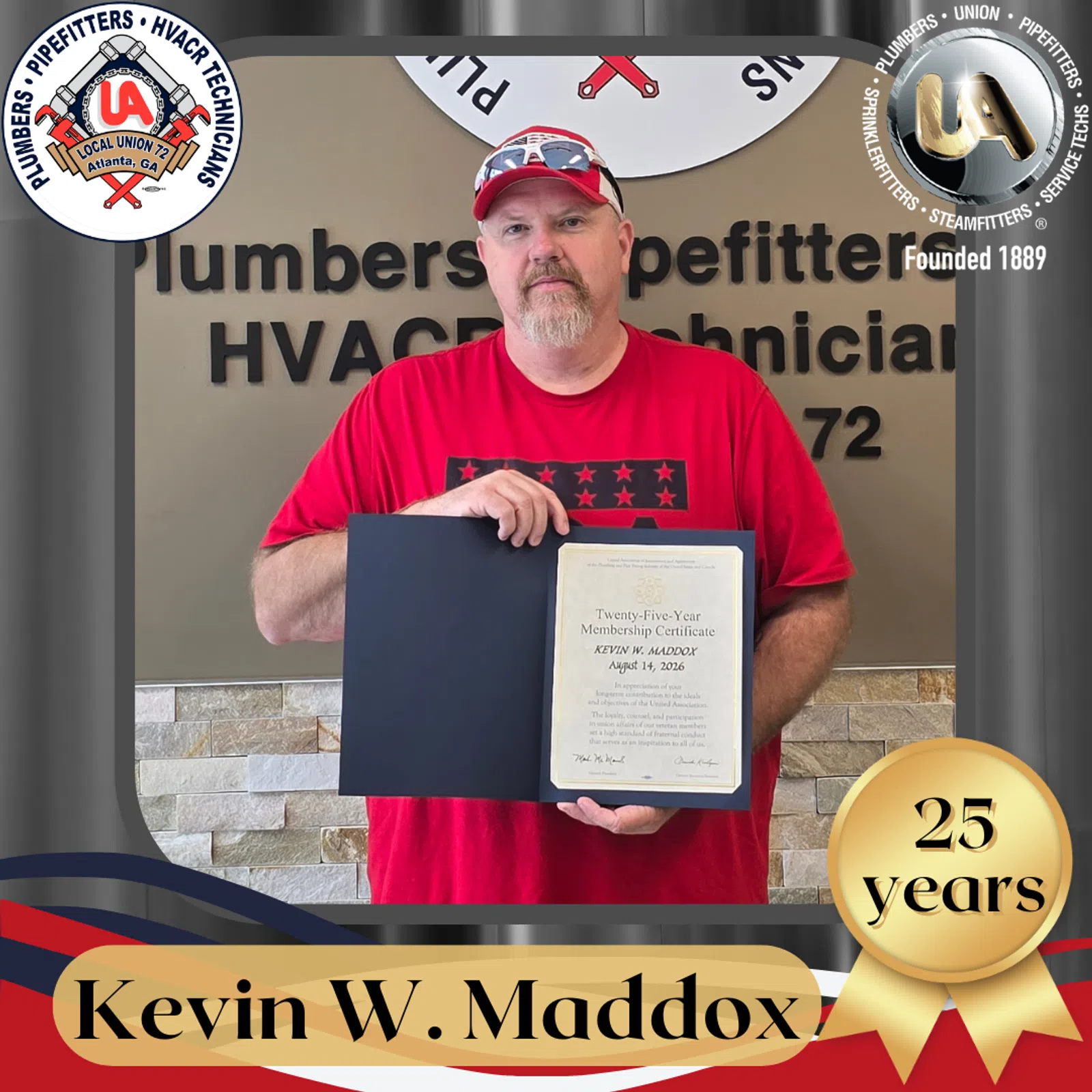 Man in red shirt holding a 25-year membership certificate at Plumbers Pipefitters HVACR Technicians Local Union 72.