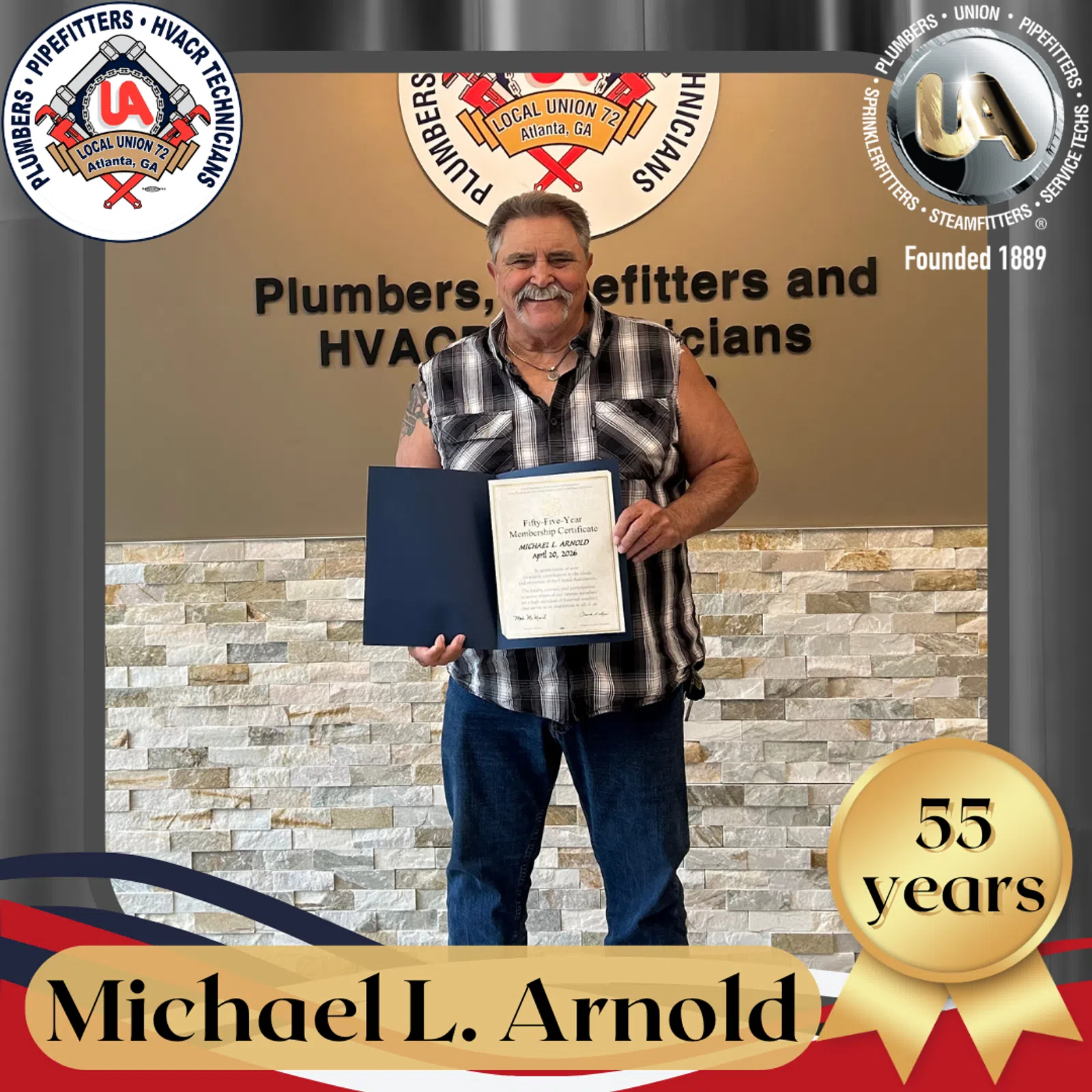 Man holding certificate celebrating 55 years with Plumbers, Pipefitters, and HVACR technicians Local Union 72.