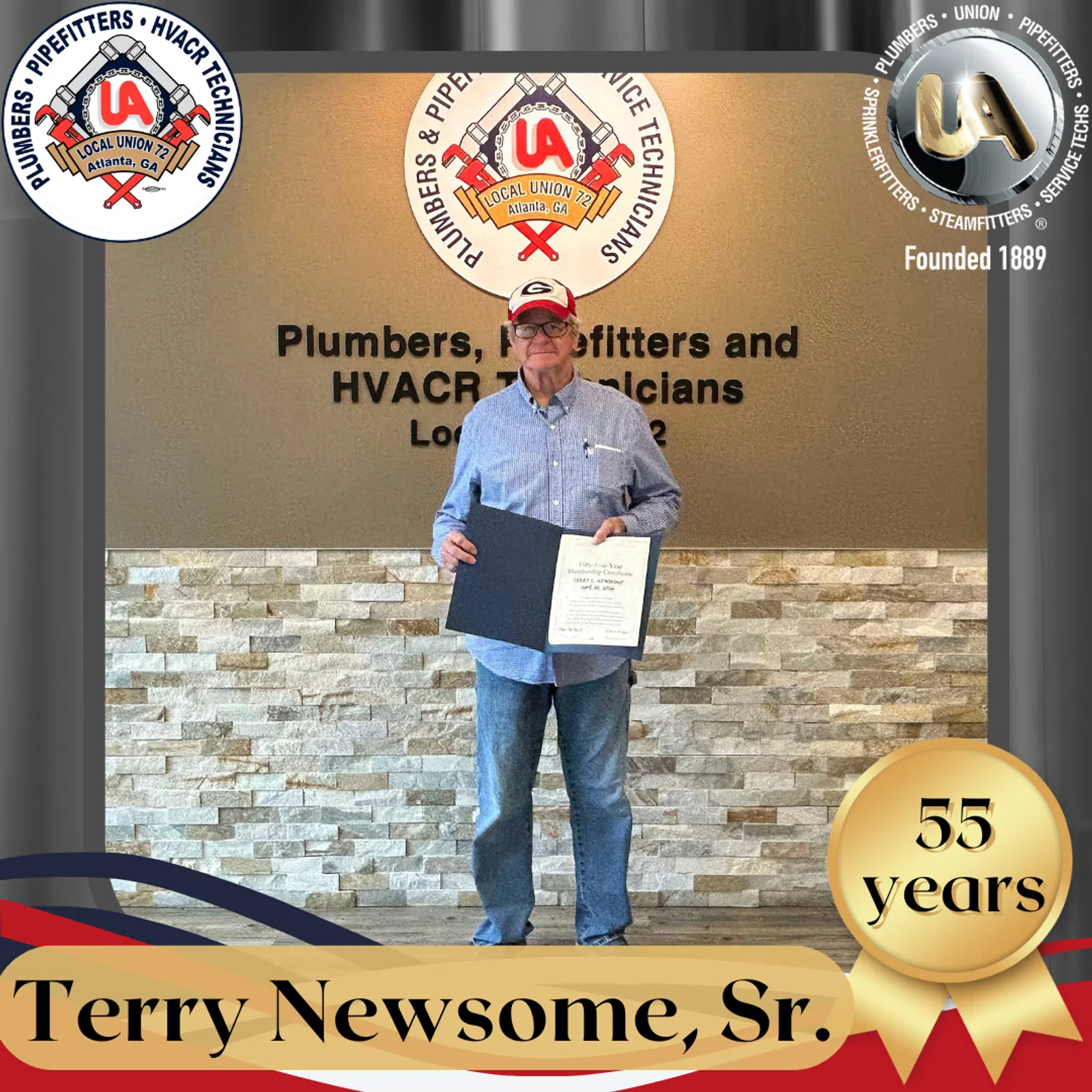 Senior man holding award certificate at Plumbers Local Union 72 office celebrating 55 years of service.