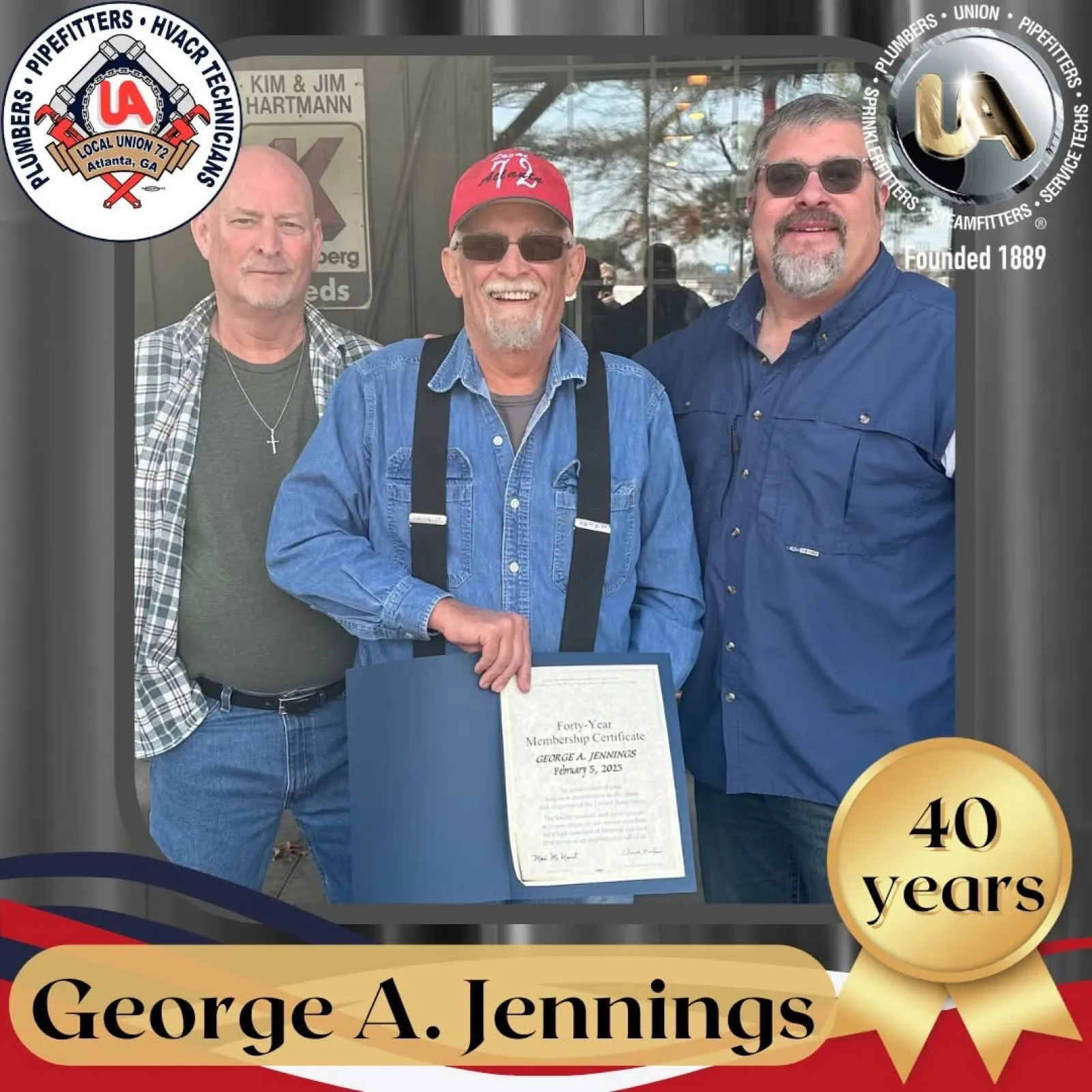 Three men standing together, one holding a certificate celebrating George A. Jennings' 40 years of membership.