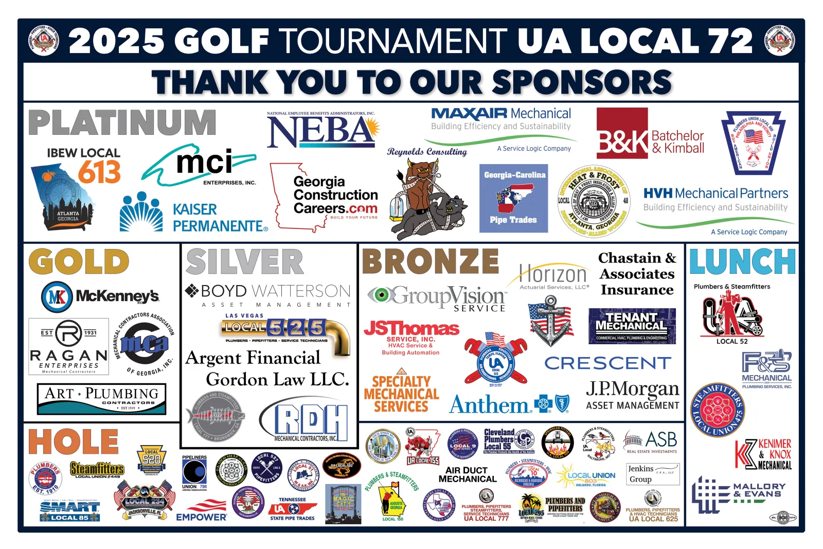 2025 Golf Tournament UA Local 72 sponsor banner showcasing platinum, gold, silver, bronze, and lunch sponsors with logos.