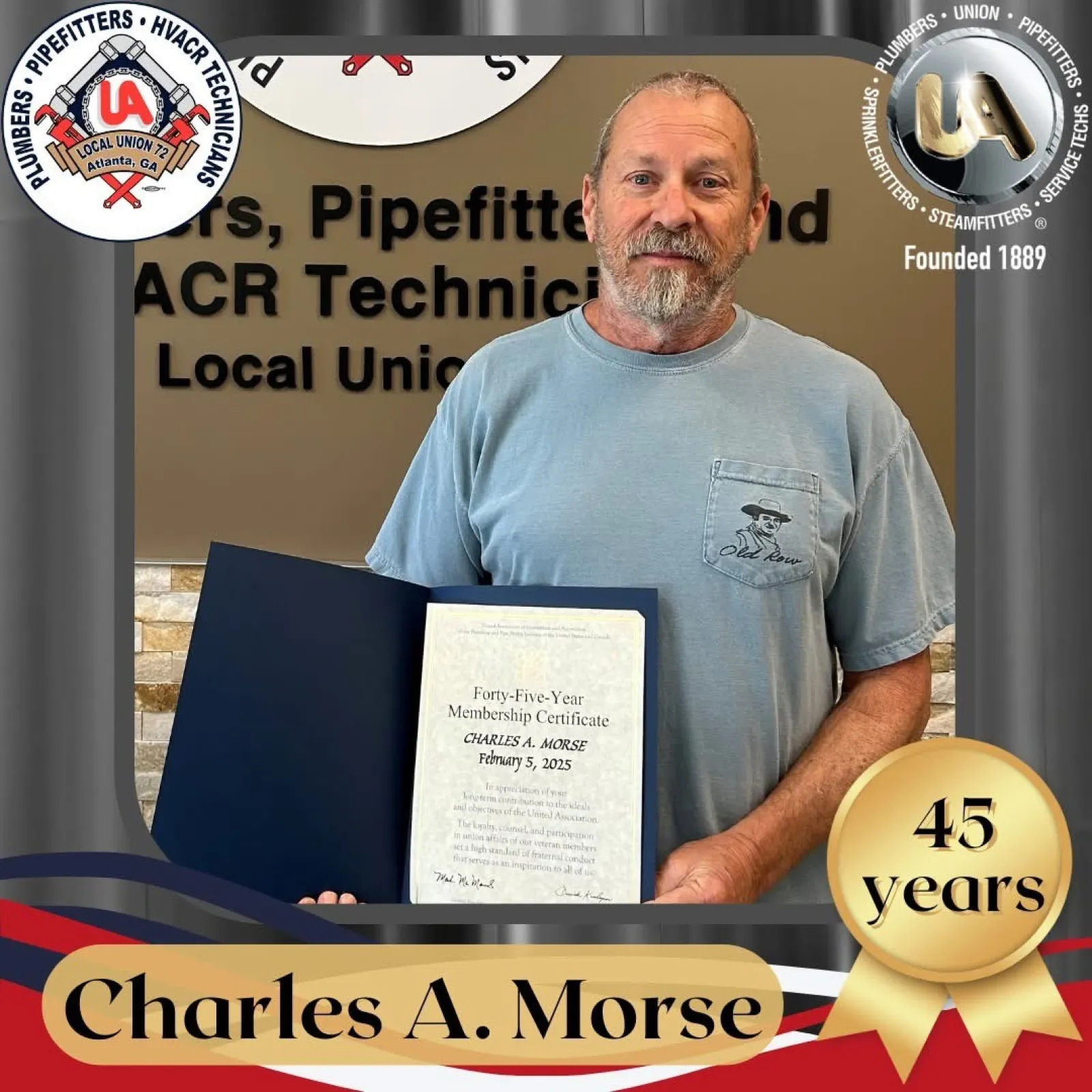 Man holding a 45-year membership certificate from UA Local Union 72 in front of union signage.
