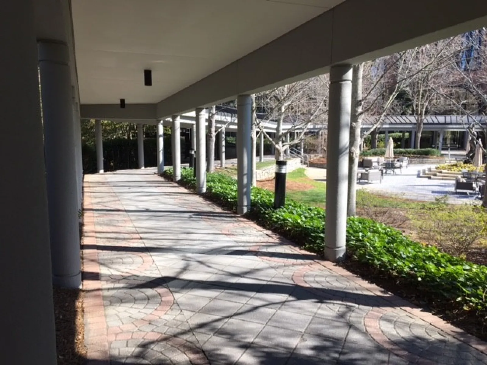 a walkway with pillars and grass